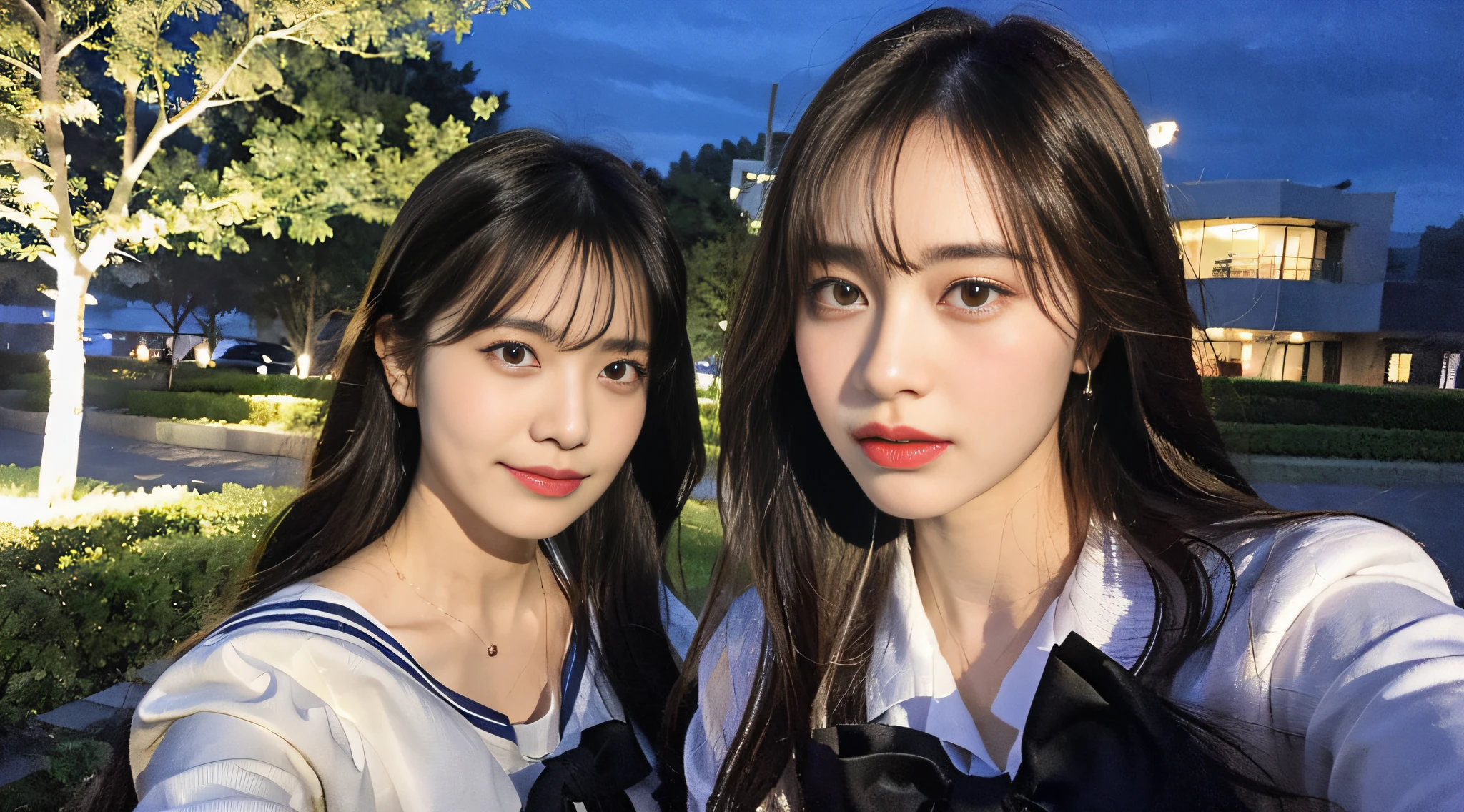 (8K,Raw photo、Raw photo、beste-Qualit、Master masterpiece:1.2)、An ultra-detailliert、Super Resolution、(a photorealistic:1.5)、high resolution RAW color photos、professional photograpy、（Very beautiful and detailed night tree-lined avenue 1:1.37）((A beautiful moonlit night))、fullmoon、Very detailed and beautiful、Ultra-high image quality、High school girl in sailor suit、（Puffy cheeks）Detailed uniforms、Each face has its own distinctive features、Different face patterns、Farbe々Hairstyle、Brown hair fluttering in the night breeze、Hair swaying and sexy、Very detailed beautiful girl、（Pink Eye Shadow）、Red tie、Puffing up face、Pouting、Puffy face、He looks at me with his face puffed up.、Burikko、Buriko Pose