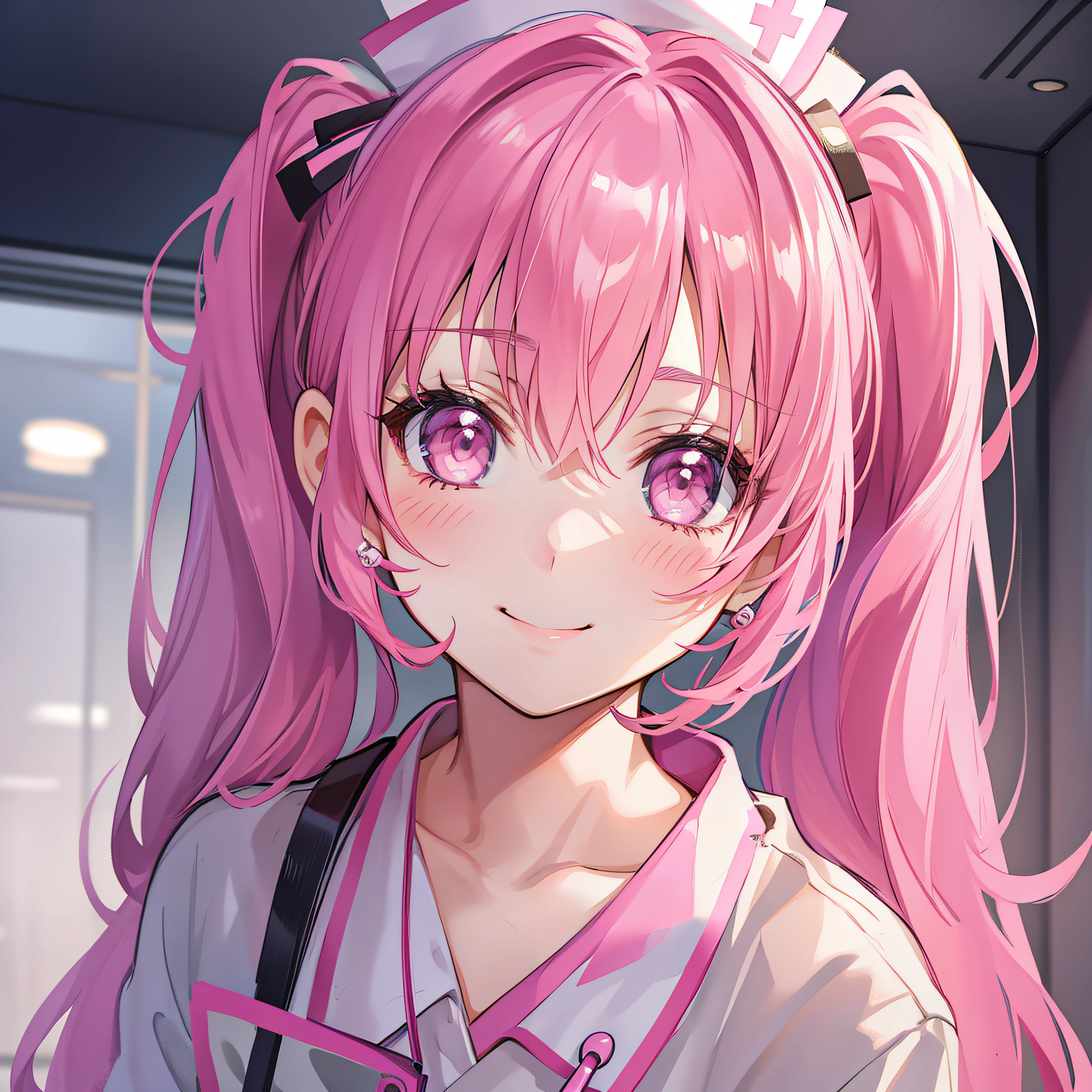 pink hair, blunt bangs, bangs, ponytail, twintails, short ponytail, sidelocks, heart ahoge, hairpin, hair ribbon, hairclip, hair ornament, hair bow, bespectacled, hair scrunchie, heart hair ornament, bow hairband, pink hairband, heart-shaped pupils, mismatched pupils, one eye closed, one eye closed, sparkling eyes, cheek pinching, cheek pinching, facing another, excited, nose blush, naughty, interior architecture, anime, Minimalism, anime style, depth of field, backlighting, ray tracing, 16k, highres, best quality, high quality, high details, super detail, masterpiece