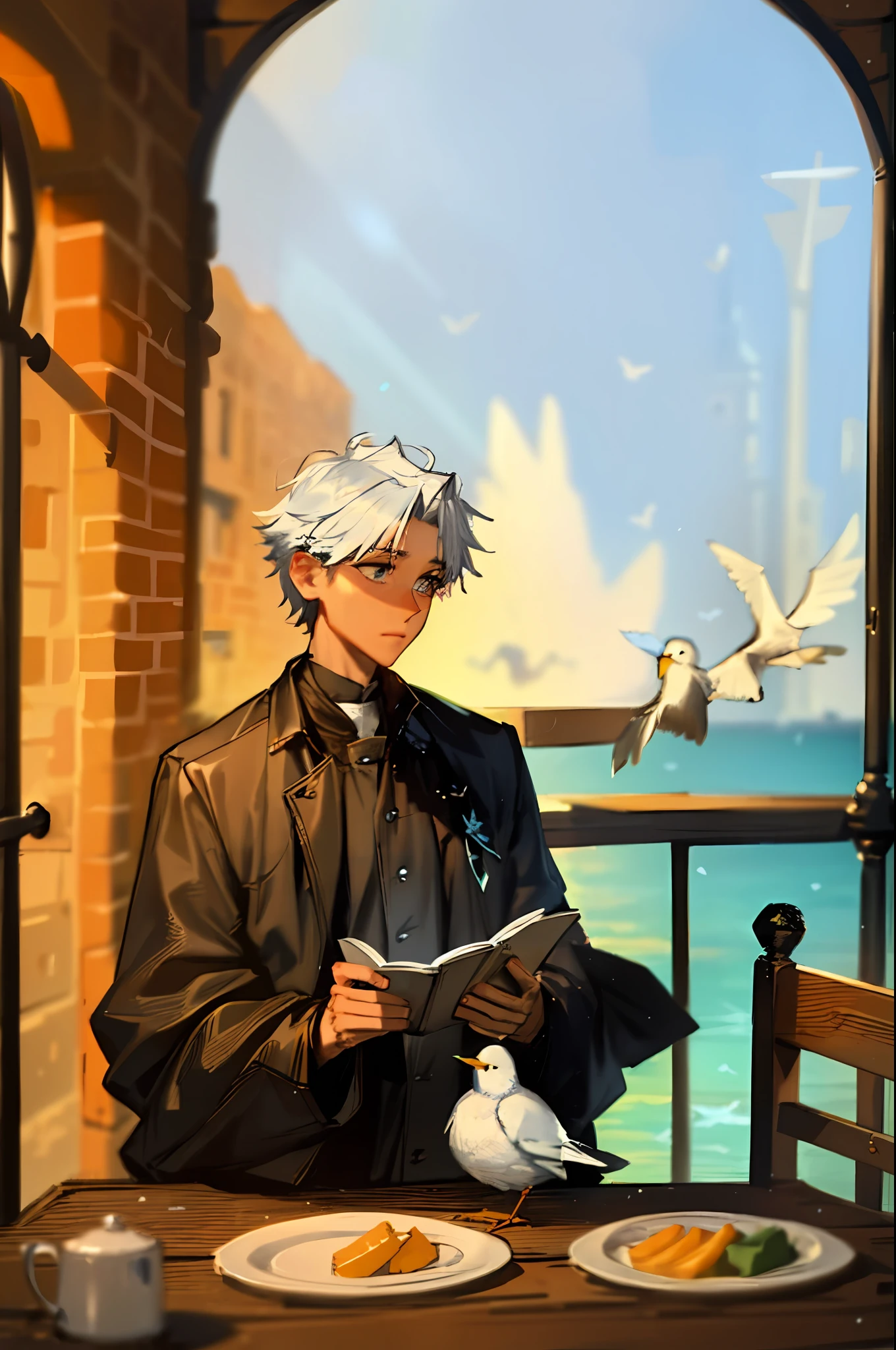 White-skinned boy,Dark blue church costume,White lining,In front of the glass stained window,white color hair,Blue eyes like the ocean,sun beam,White bird stopping at the table,Scriptures scattered on the ground