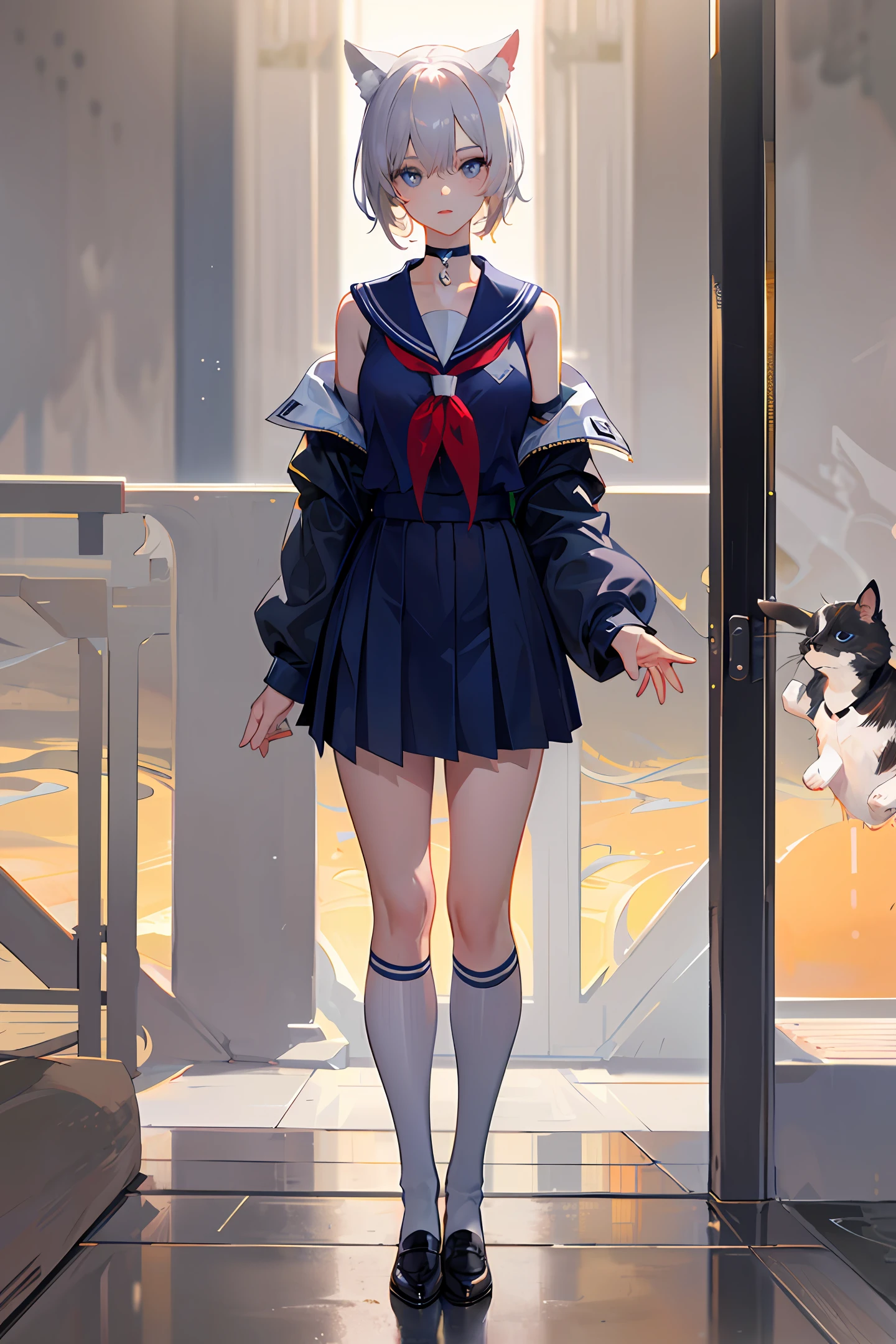 Two-dimensional painting style,tmasterpiece,very best quality,abundantly detailed,Full body diagram,Girl Huge breasts, girls,Fold your hands on your knees,(((white colors))Over the knee socks 1.5),Absolute realm,No straps,Sleeveless clothing,cat ear,Exposed shoulder,Leakage out of the collarbone,(Gray hair 1.0),(Sailor suit 1.2),Short skirt,blue eyess,choker,Hair covers one side of the eye,super detailing,celshaded,8K detail post-processing,magnifica,Hyperrealism,8k,Epic composition,Complicated details,unreal-engine,(very fine and beautiful),Exquisite background,(tmasterpiece)(HighestQuali),(tmasterpiece),(Carefully depict the eyes),(Carefully portray clothes),A masterpiece,Carefully portray the face,Carefully portray the eyes,Color bursting,((Full body photo)) ,standingn
