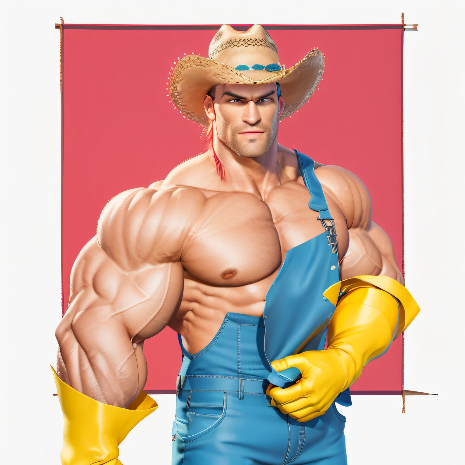 Man in cowboy hat and overalls posing for photo, muscular character, muscular male hero, Arnold 3 D render, arnold 3d render, Arnold render, musculoso, Iconic character of high detail, Personagens musculosos, homem buff, Technoviking masculino sem camisa, super buff e cool, Vaqueiro, Hand-drawn character, large muscles