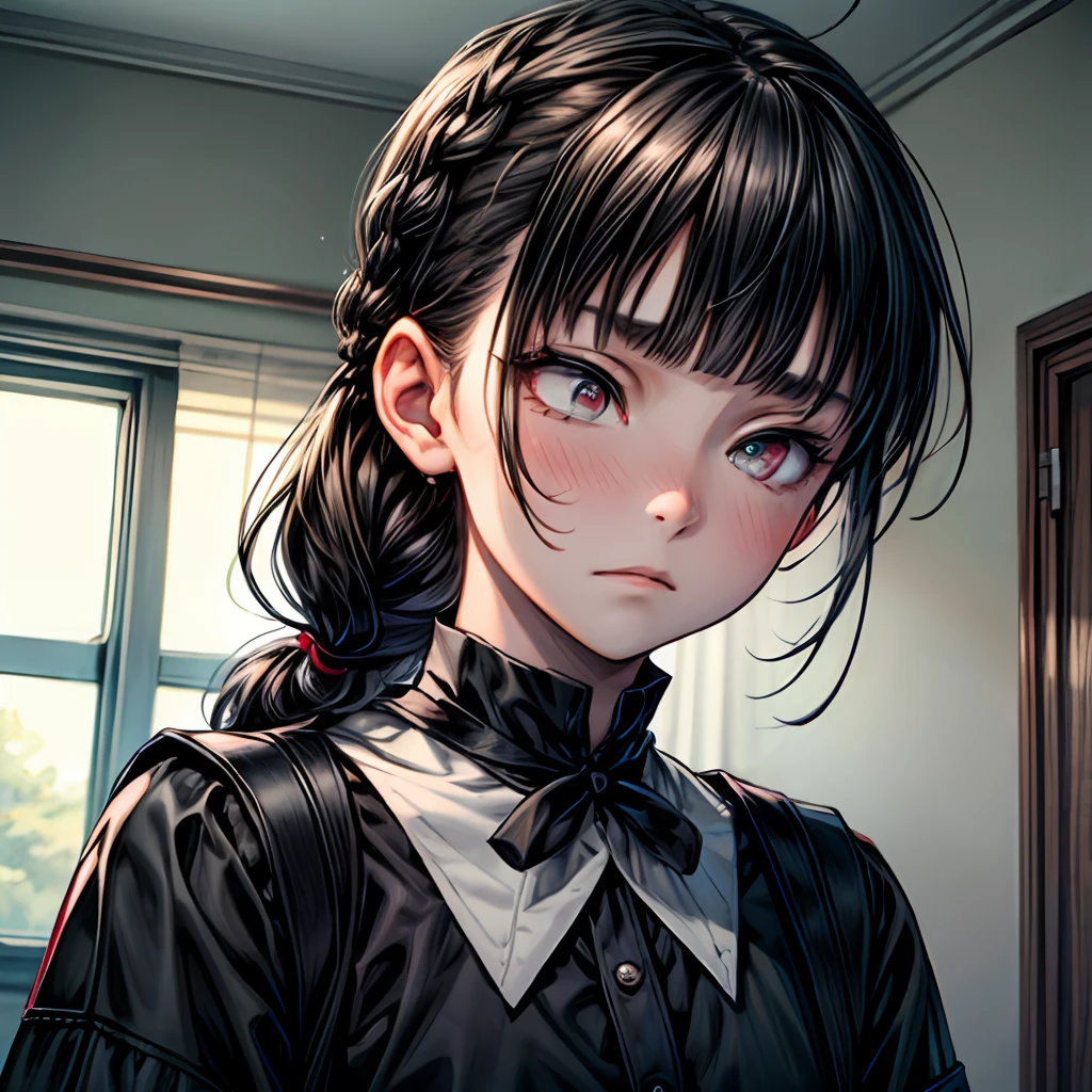 (smooth lighting), ((Beautiful eyes)),using 30mm lens,wide shot layout,wednesday addams BREAK 12years old,black hair,blunt bangs,pale skin,red eyes,jitome,hollow eyes, half-closed eyes,detailed eyes,beautiful eyes,hair ornaments at hexagram,1girl,solo,braid,ashamed,troubled expression,best quality,ultra-detailed,(masterpiece),looking away,in my room,surprise