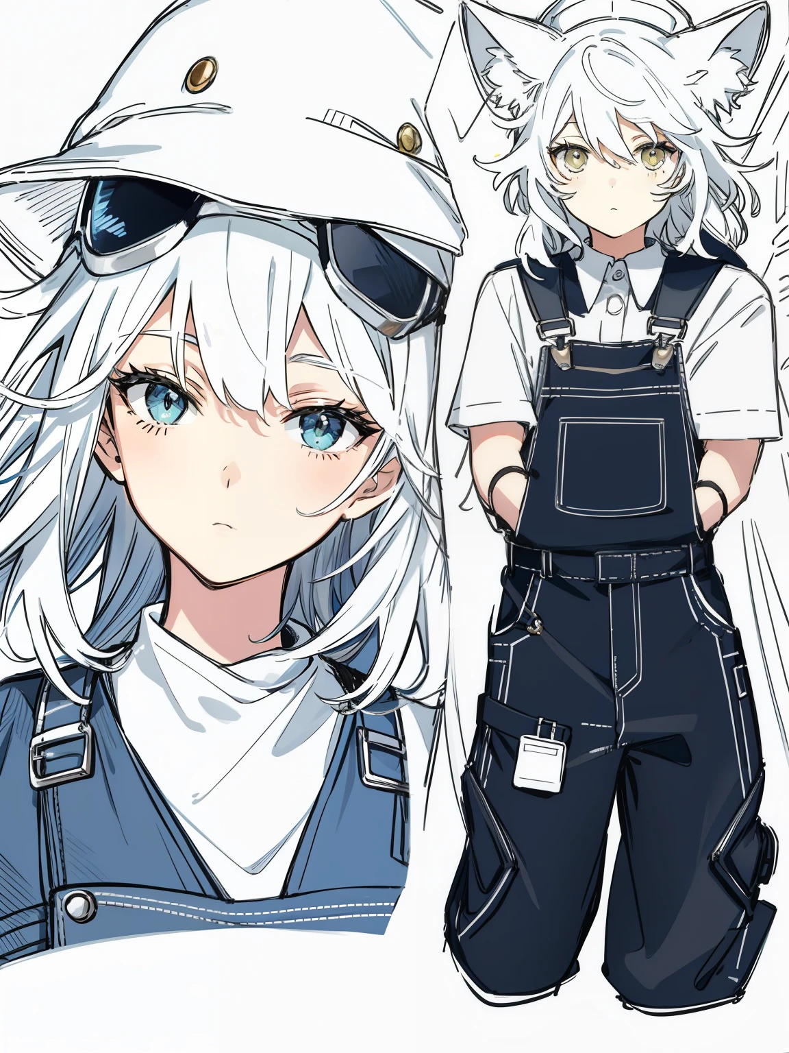 A painting of a cat with a hat,Chubby special cat,hand on hips,Complete body,Full of heaviness,Painter in overalls,Close-up of the full body of shorts,Full body character setting,Distinctive personality,Full character close-up,creepy explorer sketch,Features of hair volume,The painter wears overalls,Put your hands in your pockets。