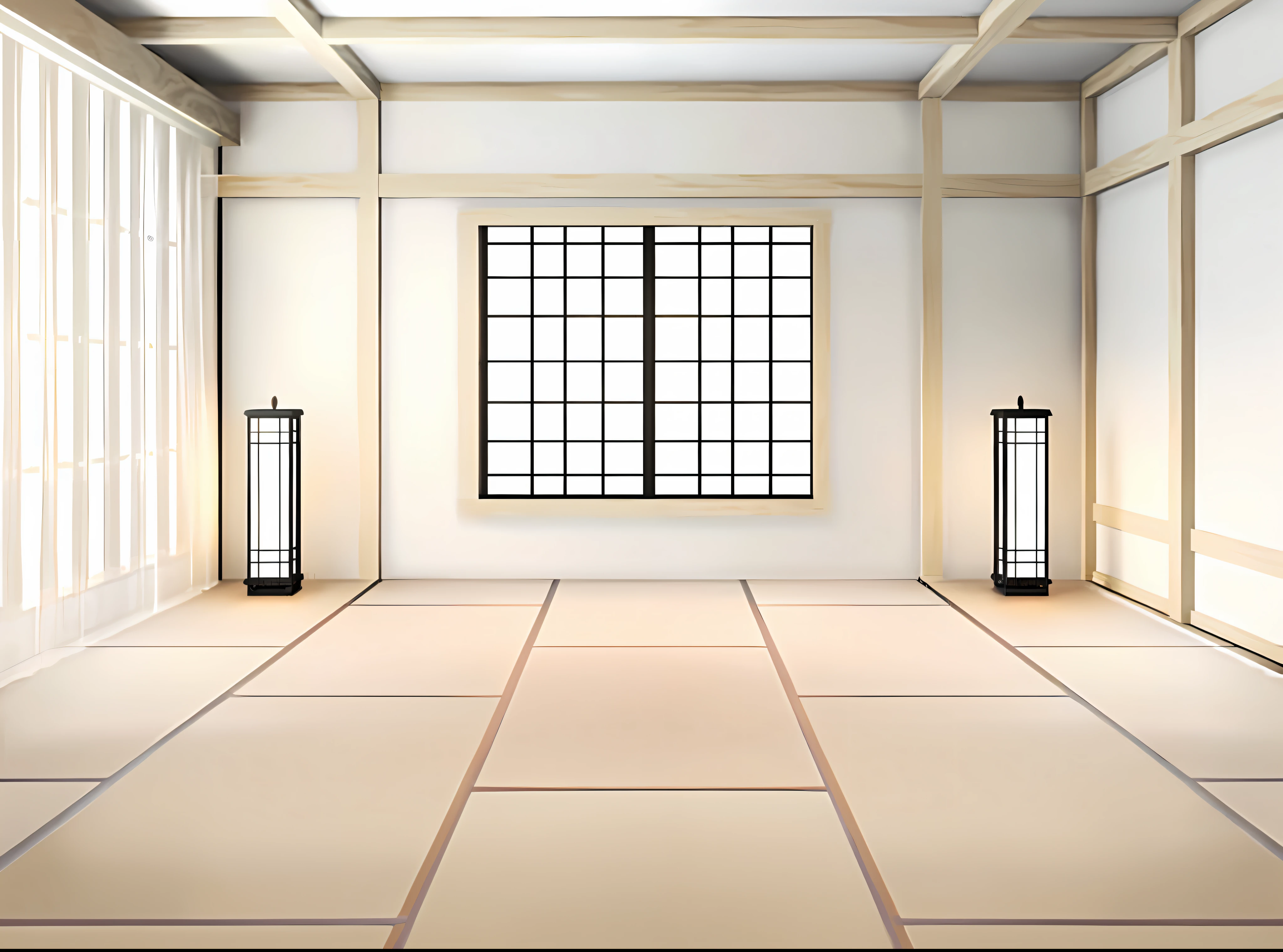 there is a room with a window and a floor with a tata mat, Japanese style, in a dojo, tatami galaxy, inspired by Sesshū Tōyō, japanese house, inspired by Inshō Dōmoto, one large room, style of shoji kawamori, Japanese design, in a japanese apartment
