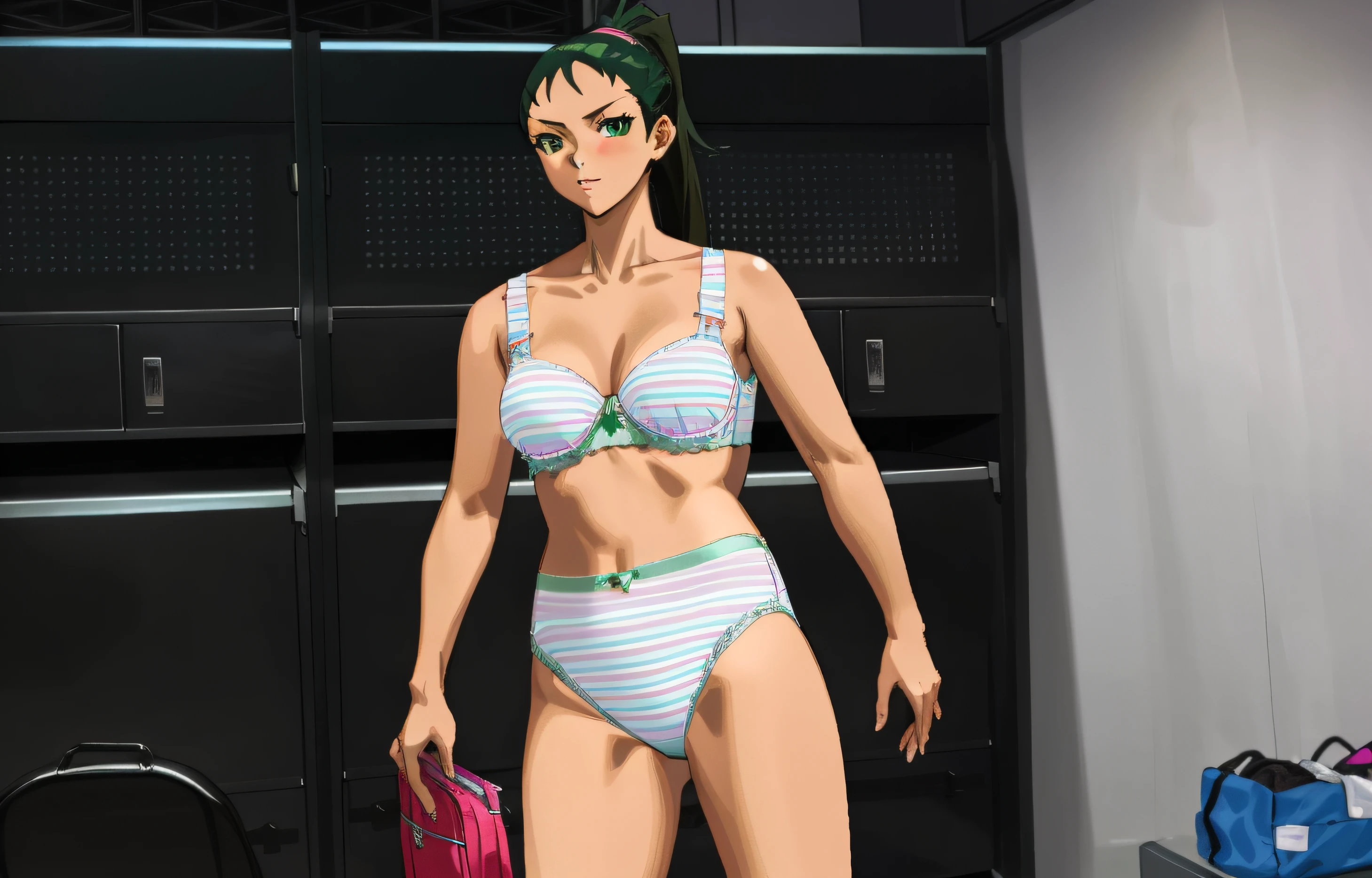 Fit Dark-haired Caucasian woman with a ponytail, in green pink and white striped bra, green pink and white striped high cut panties, in locker room, anime art style, intricate details