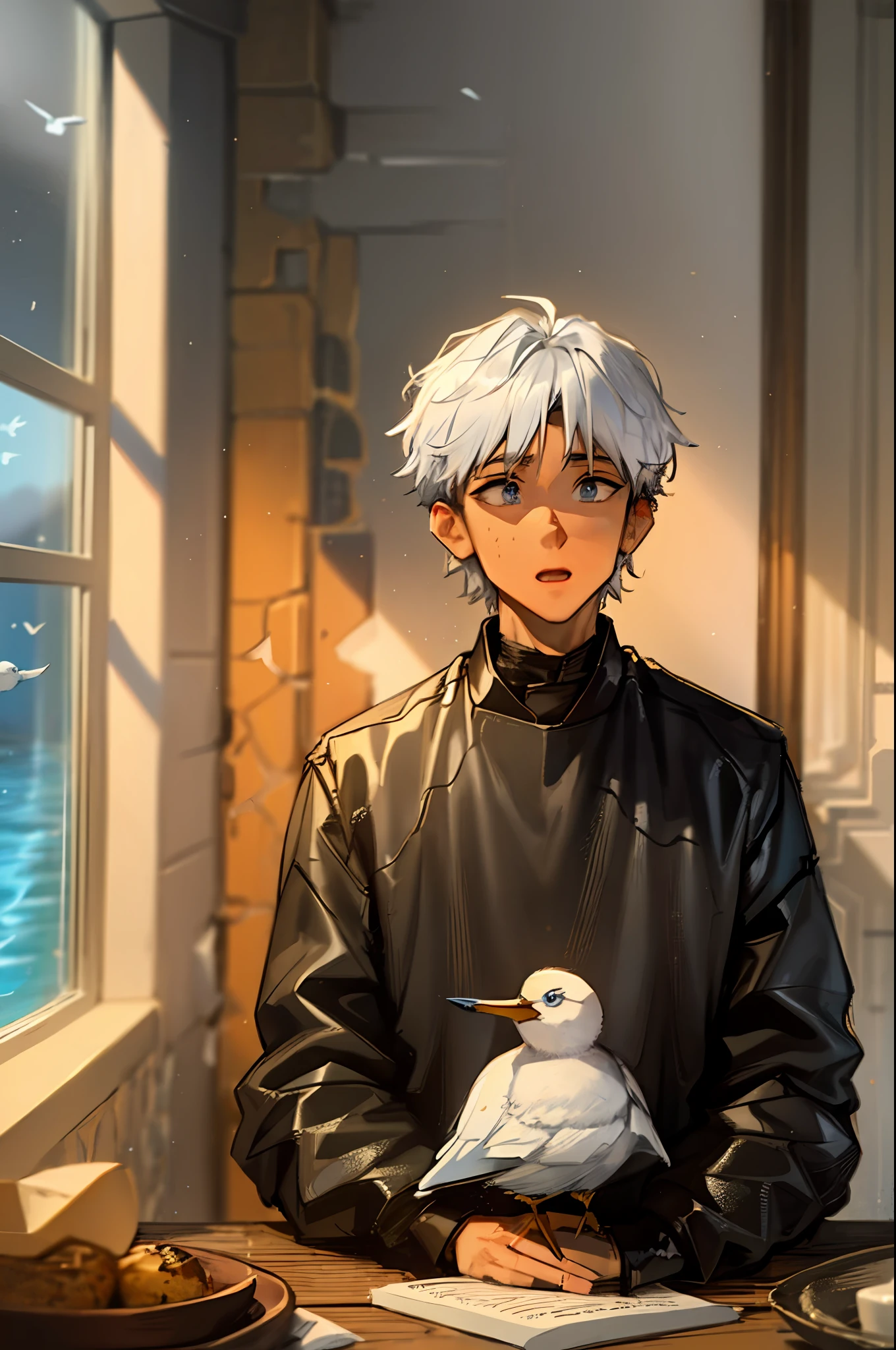 White-skinned boy,Dark blue church costume,White lining,In front of the glass stained window,white color hair,Blue eyes like the ocean,sun beam,White bird stopping at the table,Scriptures scattered on the ground