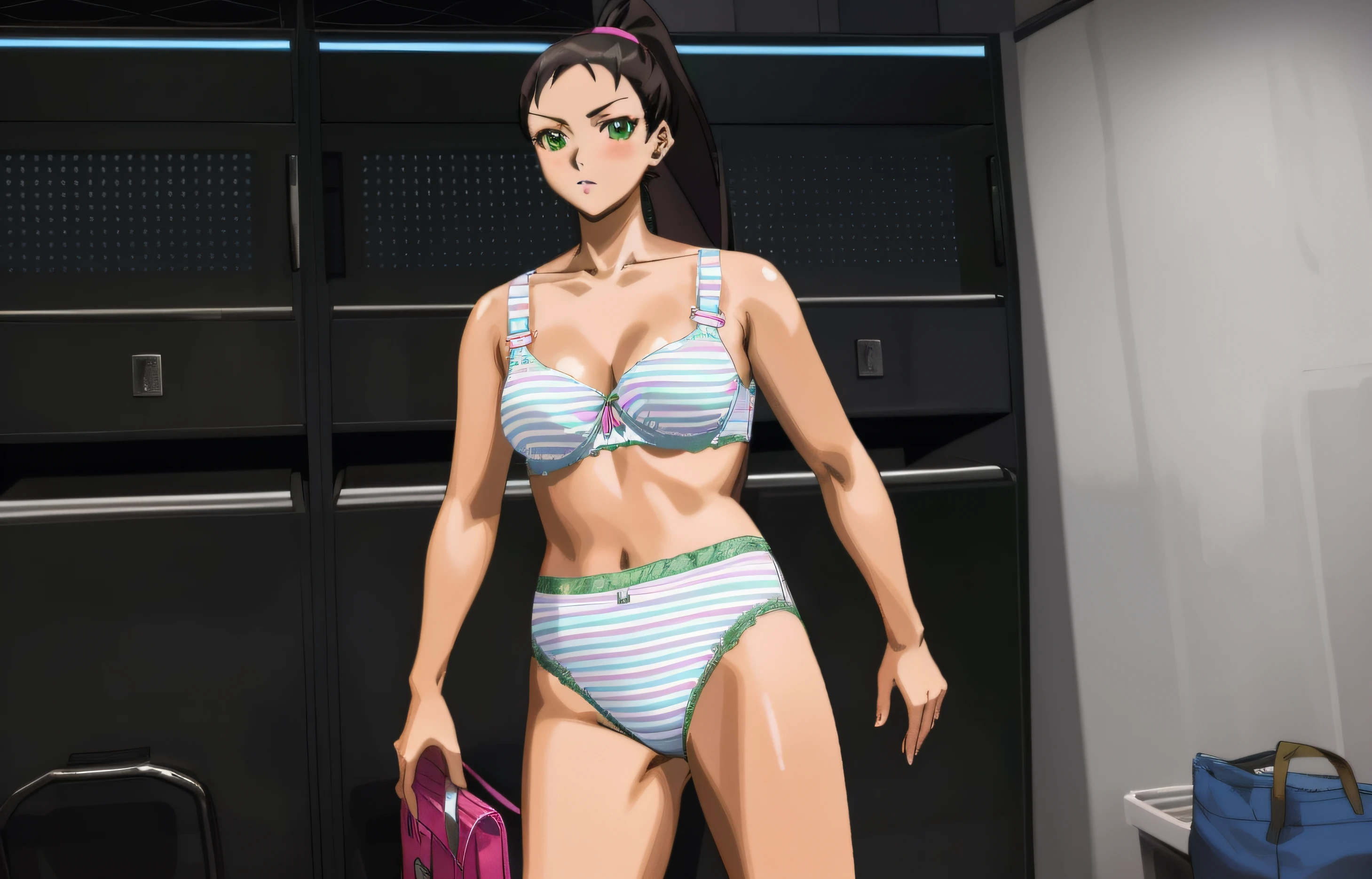 Fit Dark-haired Caucasian woman with a ponytail, in green pink and white striped bra, green pink and white striped high cut panties, in locker room, anime art style, intricate details