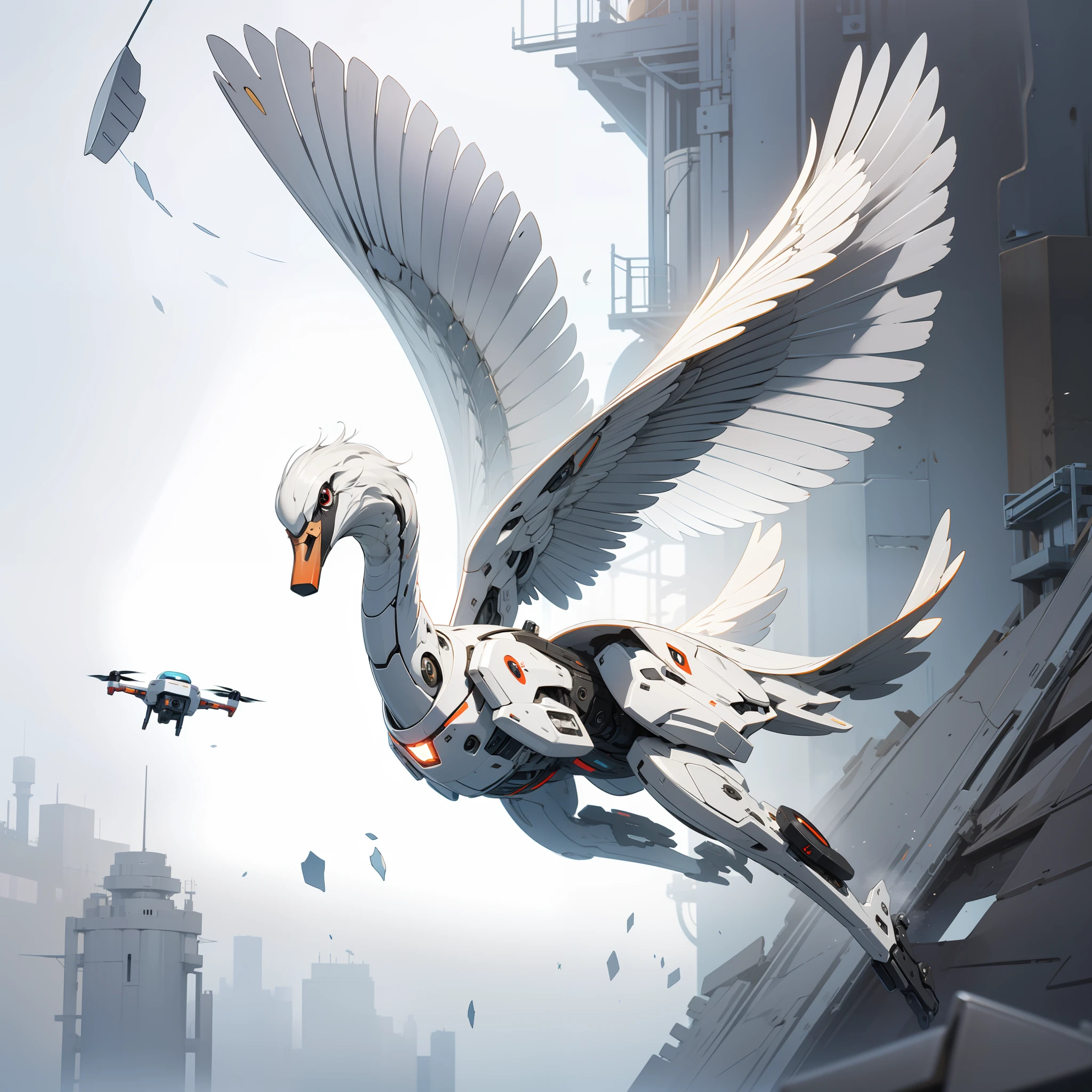 The Nano-Swan Drone is a sleek, swan-inspired marvel of advanced technology. Its streamlined body and lightweight metallic construction allow for swift and agile movements. The drone's wings are made of ultra-thin nano-fibers that can morph and reshape, adapting to different needs. Equipped with large, piercing sensor eyes, the Nano-Swan Drone possesses advanced visual capabilities for precise tracking. It features micro-thrusters for propulsion and retractable nano-talons for grasping objects or defending against threats. This nature-meets-technology design makes the Nano-Swan Drone an elegant and versatile subject.