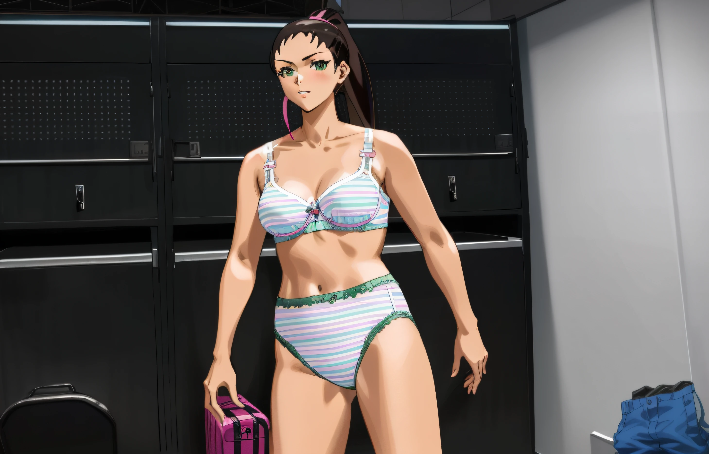 Fit Dark-haired Caucasian woman with a ponytail, in green pink and white striped bra, green pink and white striped high cut panties, in locker room, anime art style, intricate details