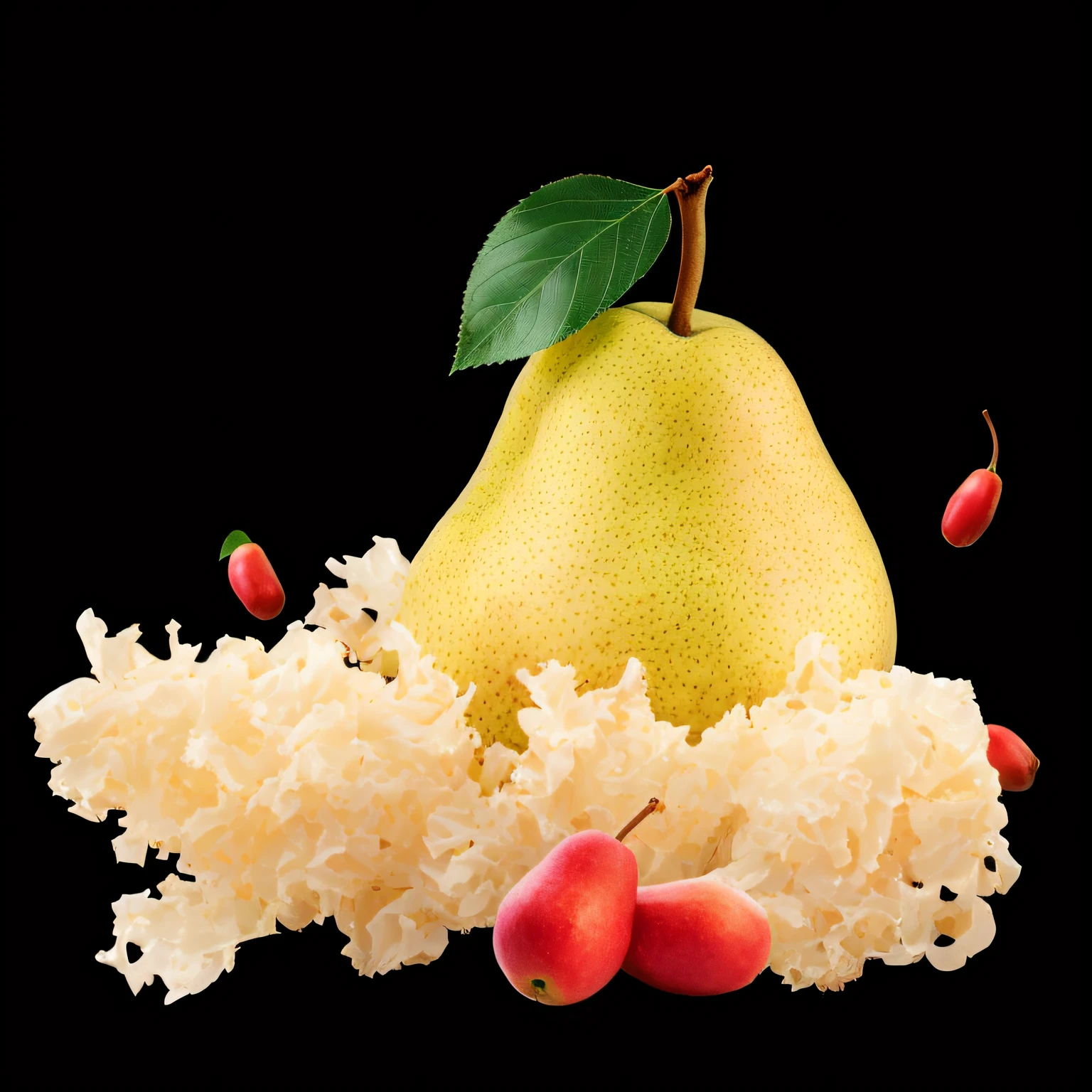 There is a pear and some silver fungus on a black background, high quality product image”, Juicy, Sharp images