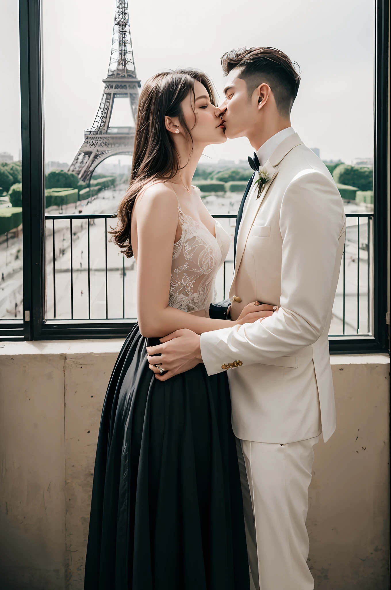 professional wedding photography, (masterpiece), (intricate details), (photorealistic:1.3), (film grain:1.3), (perfect anatomy:1.3), [:(intricate details), (detailed skin), (detailed face):0.2], epiCRealism, In Paris, France, in front of the Eiffel Tower, BREAK, Korean, (man and woman couple), a romantic photoshoot with a couple wearing elegant outfits and holding hands or kissing, nice hands, perfect hands,