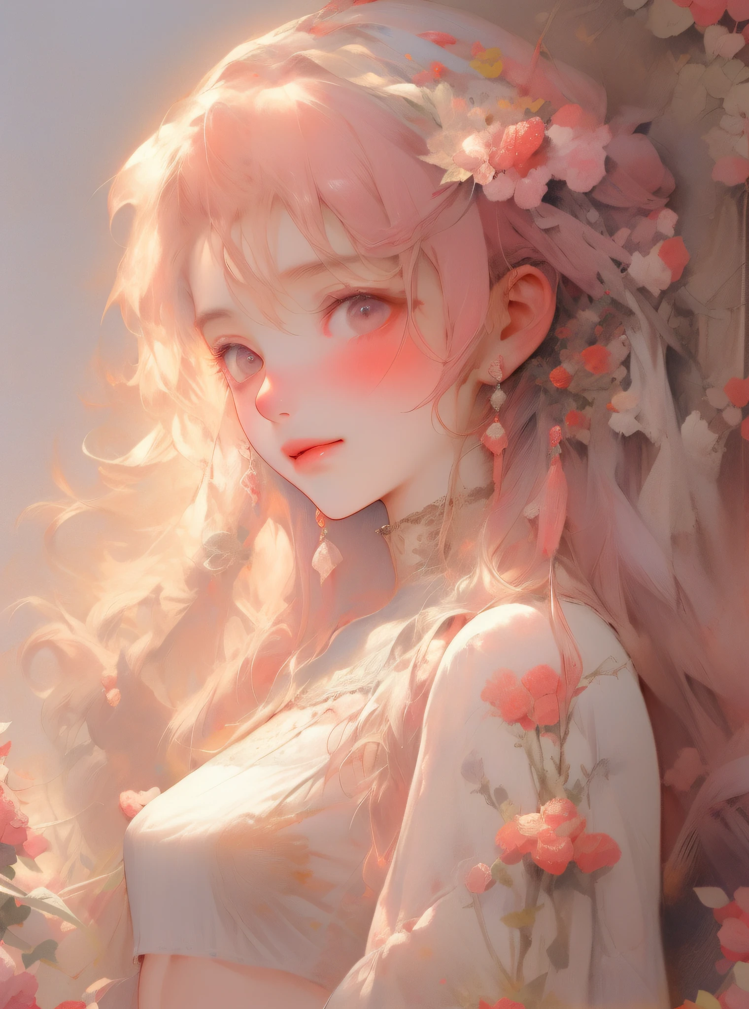 1 Girl facing straight ahead,nijistyle,pink hair,(ssmile:0.78),smallunderboob,Chest flat,Lovely Niji style,Best picture quality,Top masterpiece,hight clarity,8k wall paper,flatchest,There are more than a few light pink begonia flowers hanging on the head,Weeping begonia,Begonia in Xifu,smallunderboob,white backgrounid,The protagonist occupies the proportion of the picture: 0.3