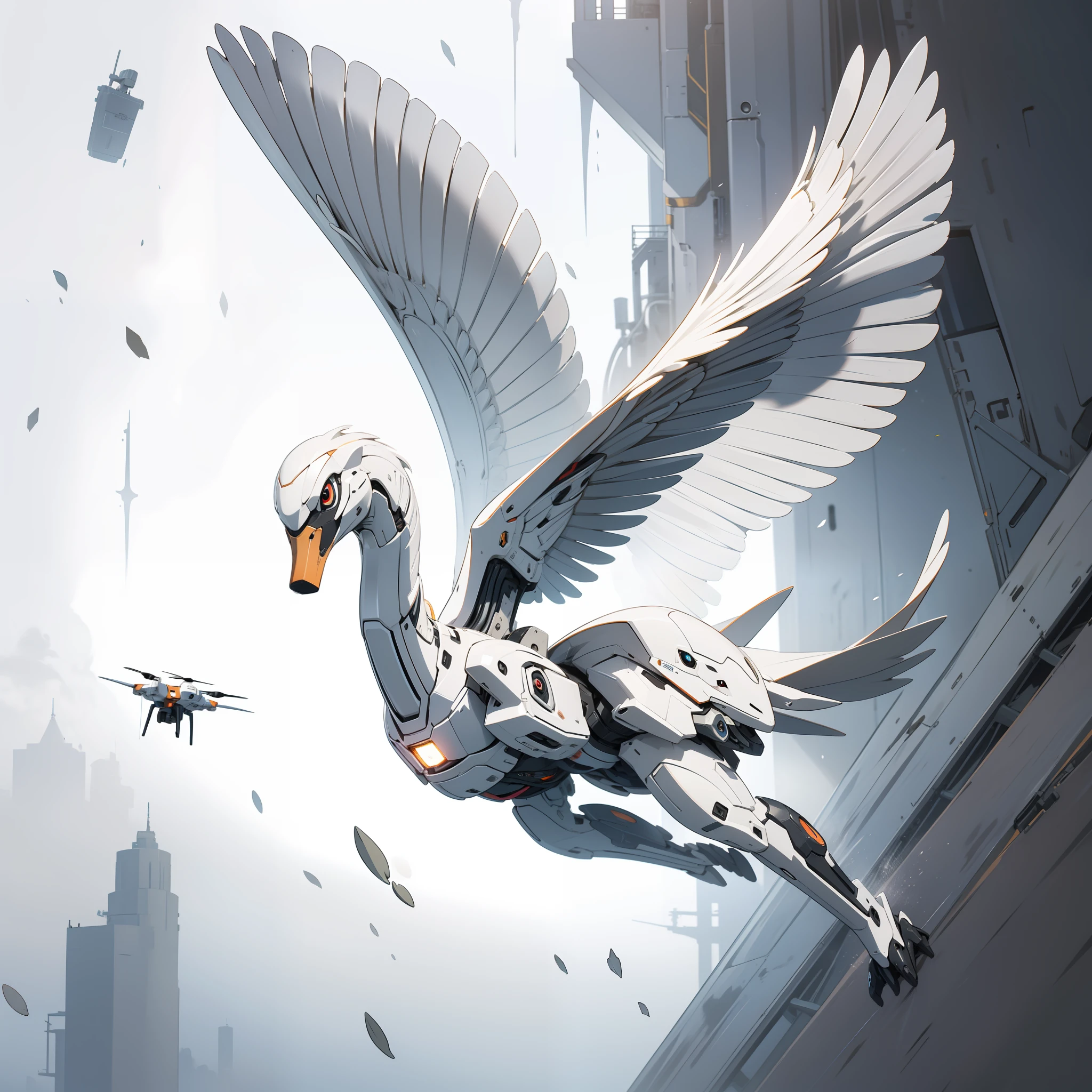 The Nano-Swan Drone is a sleek, swan-inspired marvel of advanced technology. Its streamlined body and lightweight metallic construction allow for swift and agile movements. The drone's wings are made of ultra-thin nano-fibers that can morph and reshape, adapting to different needs. Equipped with large, piercing sensor eyes, the Nano-Swan Drone possesses advanced visual capabilities for precise tracking. It features micro-thrusters for propulsion and retractable nano-talons for grasping objects or defending against threats. This nature-meets-technology design makes the Nano-Swan Drone an elegant and versatile subject.