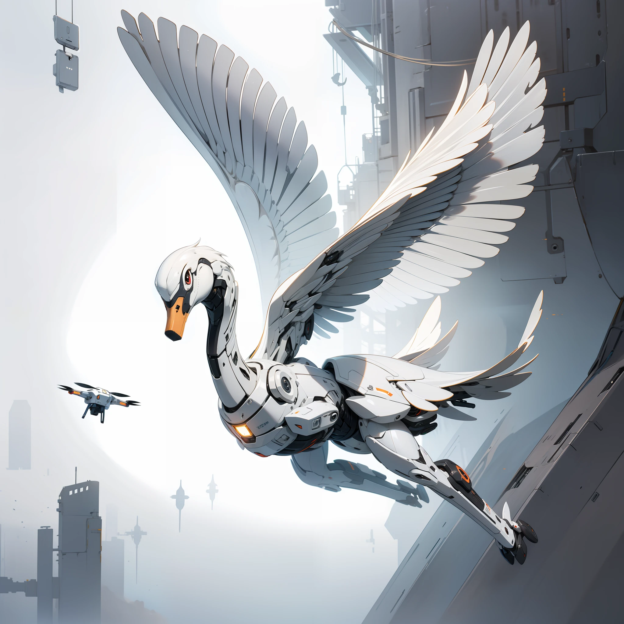 The Nano-Swan Drone is a sleek, swan-inspired marvel of advanced technology. Its streamlined body and lightweight metallic construction allow for swift and agile movements. The drone's wings are made of ultra-thin nano-fibers that can morph and reshape, adapting to different needs. Equipped with large, piercing sensor eyes, the Nano-Swan Drone possesses advanced visual capabilities for precise tracking. It features micro-thrusters for propulsion and retractable nano-talons for grasping objects or defending against threats. This nature-meets-technology design makes the Nano-Swan Drone an elegant and versatile subject.