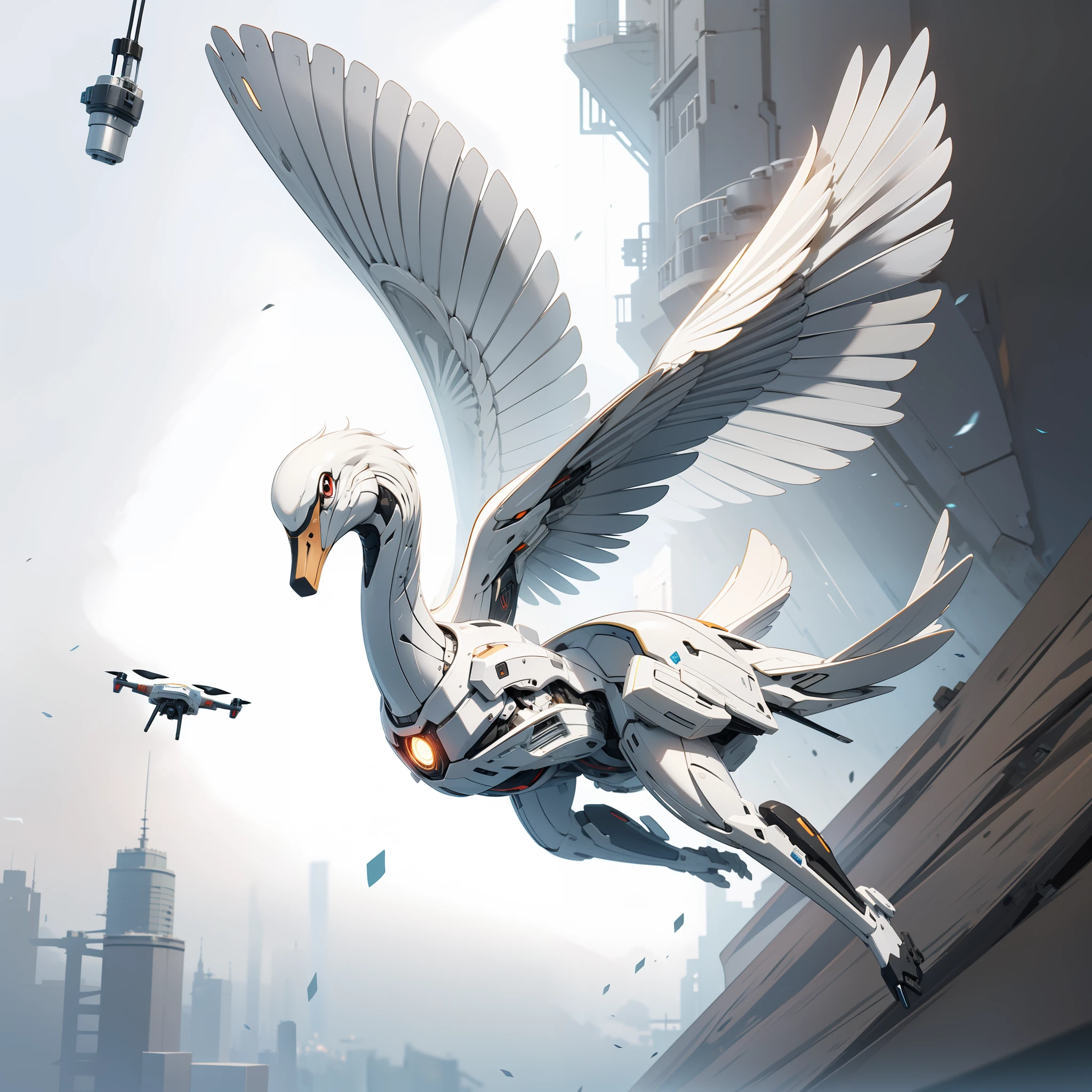 The Nano-Swan Drone is a sleek, swan-inspired marvel of advanced technology. Its streamlined body and lightweight metallic construction allow for swift and agile movements. The drone's wings are made of ultra-thin nano-fibers that can morph and reshape, adapting to different needs. Equipped with large, piercing sensor eyes, the Nano-Swan Drone possesses advanced visual capabilities for precise tracking. It features micro-thrusters for propulsion and retractable nano-talons for grasping objects or defending against threats. This nature-meets-technology design makes the Nano-Swan Drone an elegant and versatile subject.