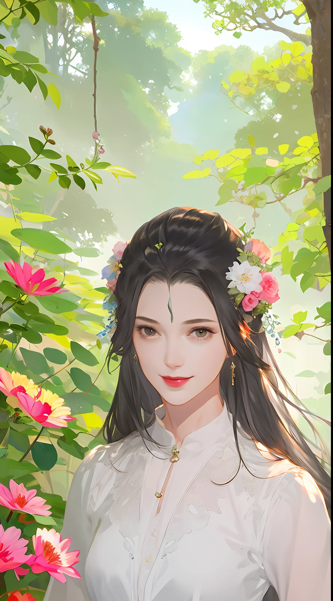 A woman in the woods,gray pupil,ssmile,Ink style,Midsummer,flowers blooming,the wind,sun beam,Ray traching,tmasterpiece,The ultra -The high-definition,8K