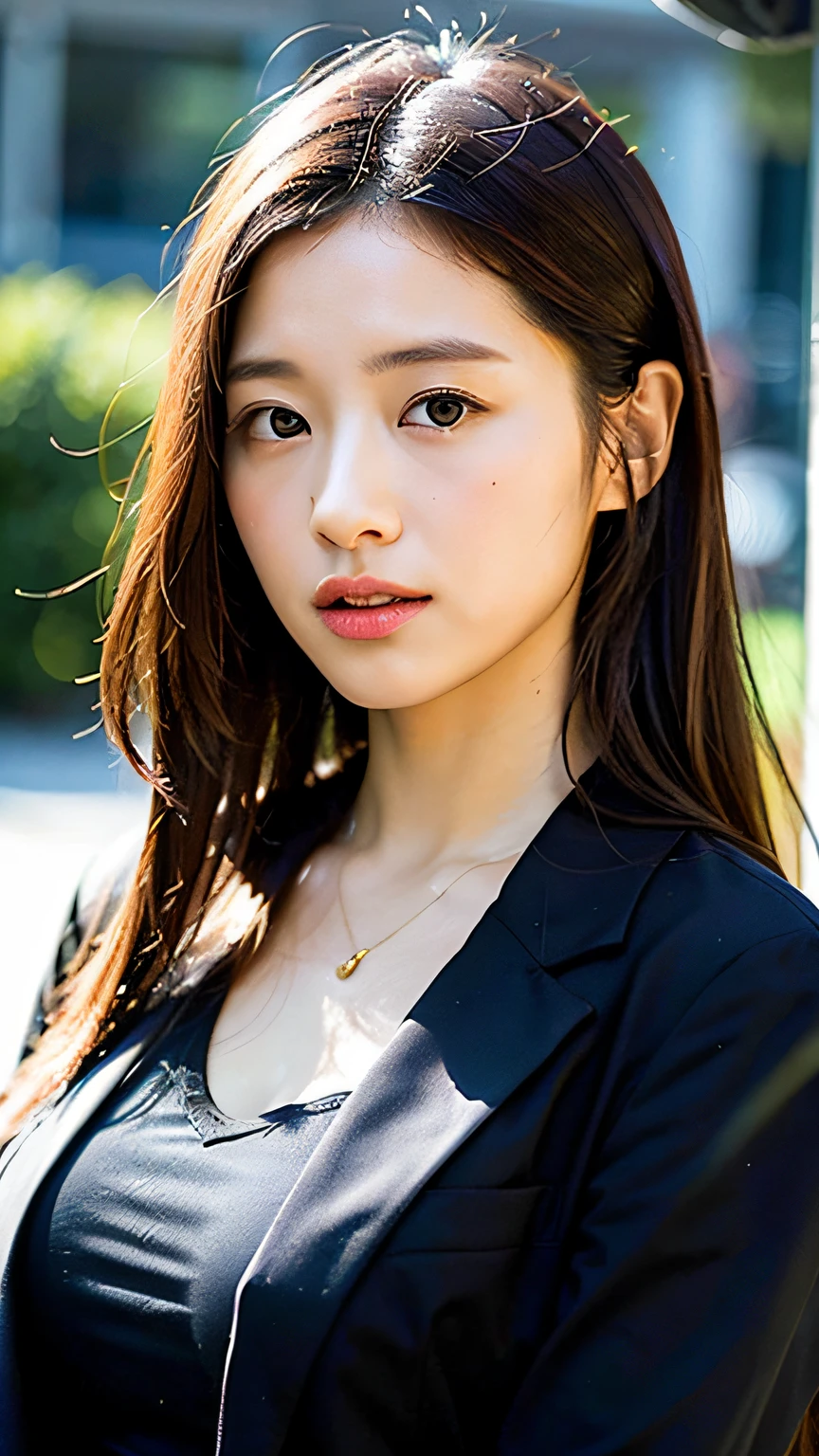 (beste-Qualit、8K、32K、masterpiece、CN:1.2)、Photos of pretty Japan women、(details face:1.1)、Upper body body、Simple black suit、Look at viewers、Background of Tokyo office district、Background