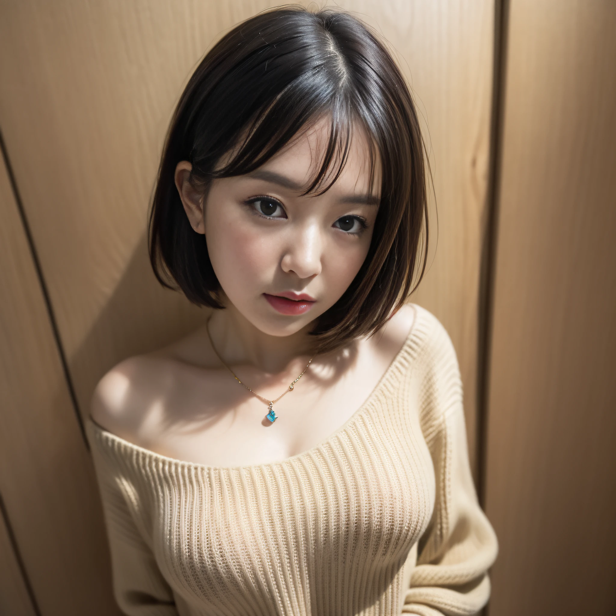 (Best quality, 8k, 32k, Masterpiece, UHD:1.2),Photo of Pretty Japanese woman, large breasts, very short bob hair,upper body,face focus,oversized_sweater, necklace, simple background, from above, looking at viewer,