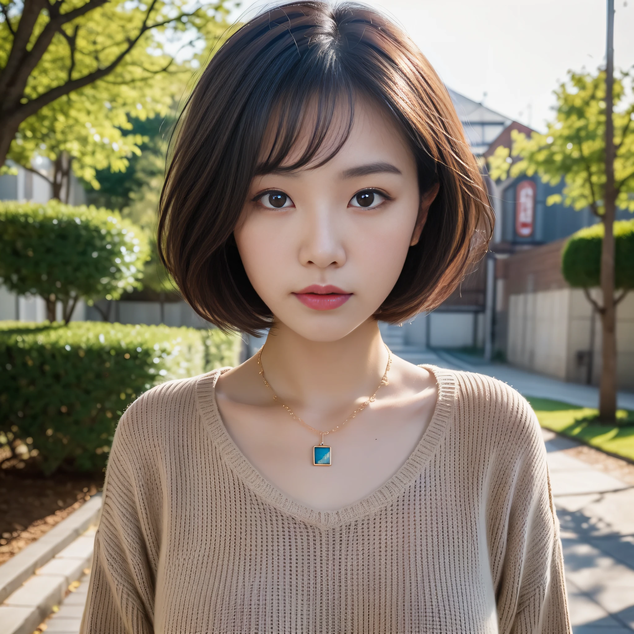 (Best quality, 8k, 32k, Masterpiece, UHD:1.2),Photo of Pretty Japanese woman, large breasts, very short bob hair,upper body,face focus,oversized_sweater, necklace, simple background, from above, looking at viewer,