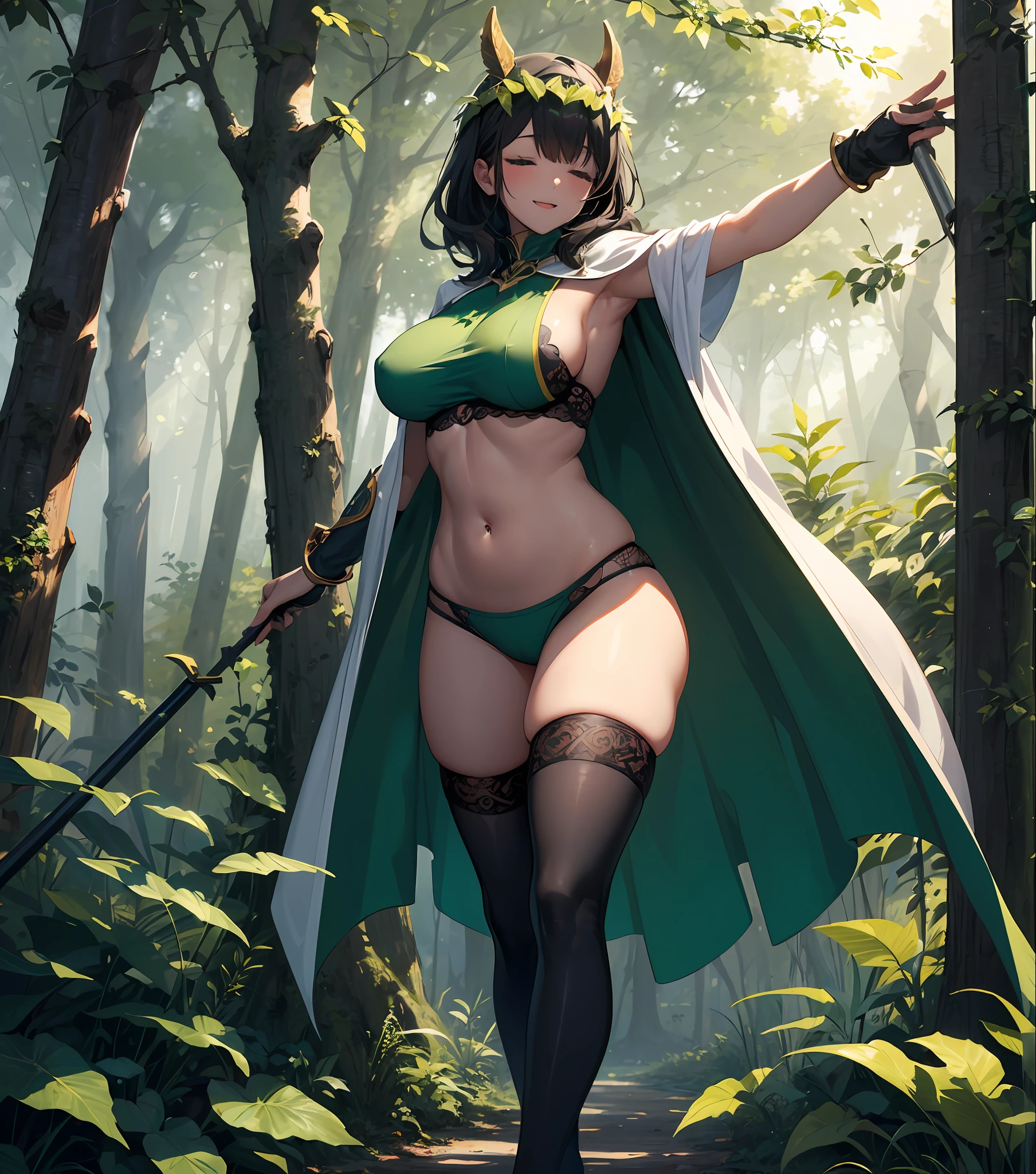 fantasy, 1forest_elemental_girl, (dark_skin)0.9, (using_leaves_clothes, green_leaves_covered_breasts, leaves_covered_pussy)+++,huge_heavy_tits, walking, (smile, sleepy)+, medium_hair, navel,(plump:0.9), oil, (winding_vine_around_torso)++, forest_background, leaves_headgear, green_leaves_cape, spread_arms, large_staff, thighhighs,