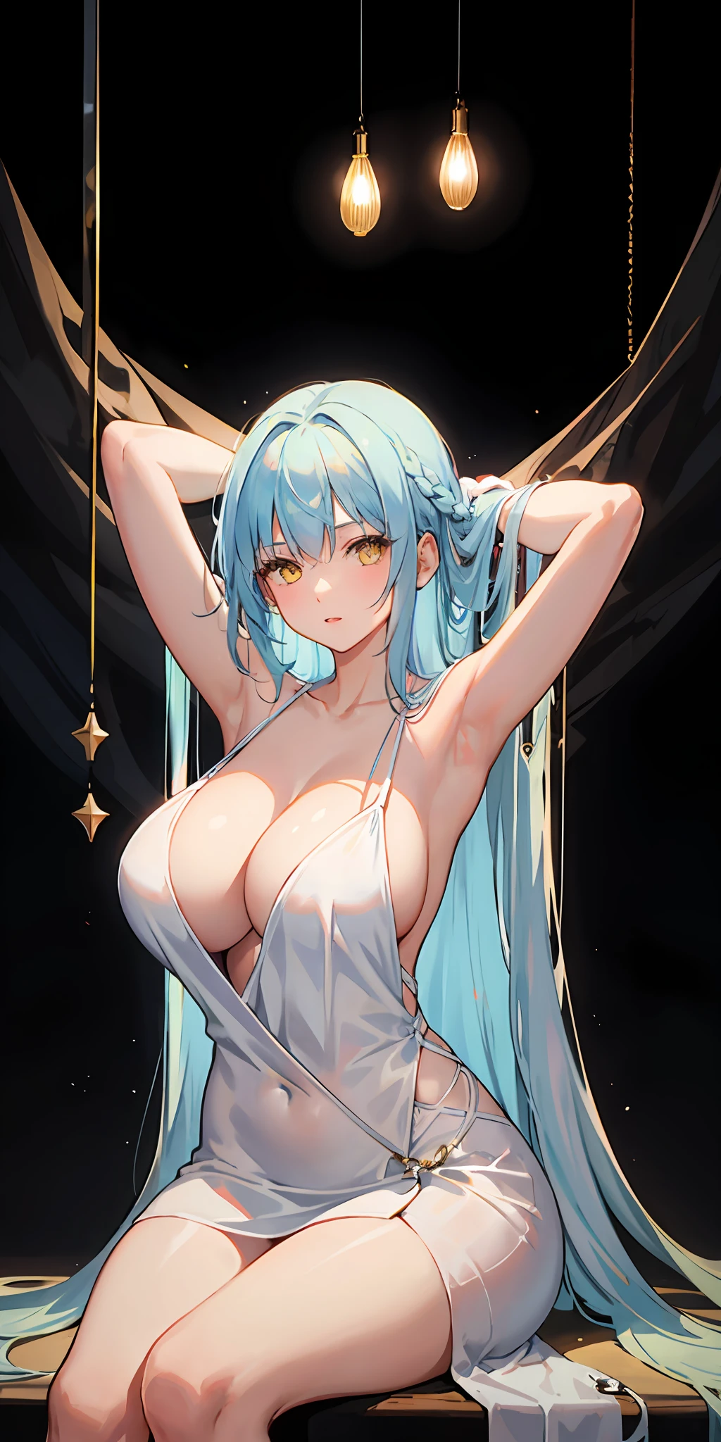 Light blue hair, long hair, yellow eyes, massive boobs, collarbone, bare shoulder, long dress, sitting, arms up, armpits