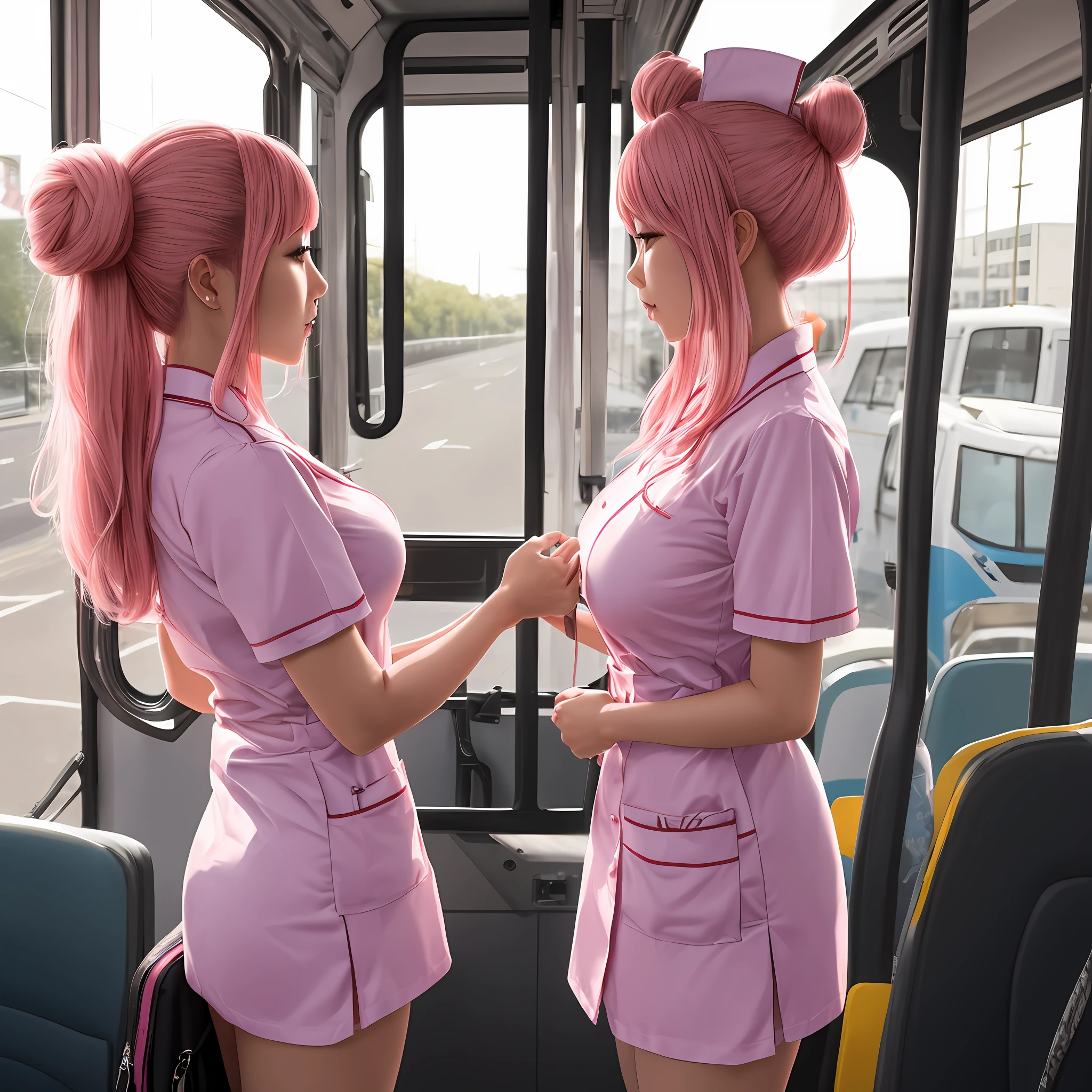 perverted woman, an Quority, 30-year-old, Aboriginal Chinese people, On the stomach, , nurse costume, School clothing, Pink hair, straight haired, hairbuns, Natural breasts, round ass, bus, flod, warm lights --auto