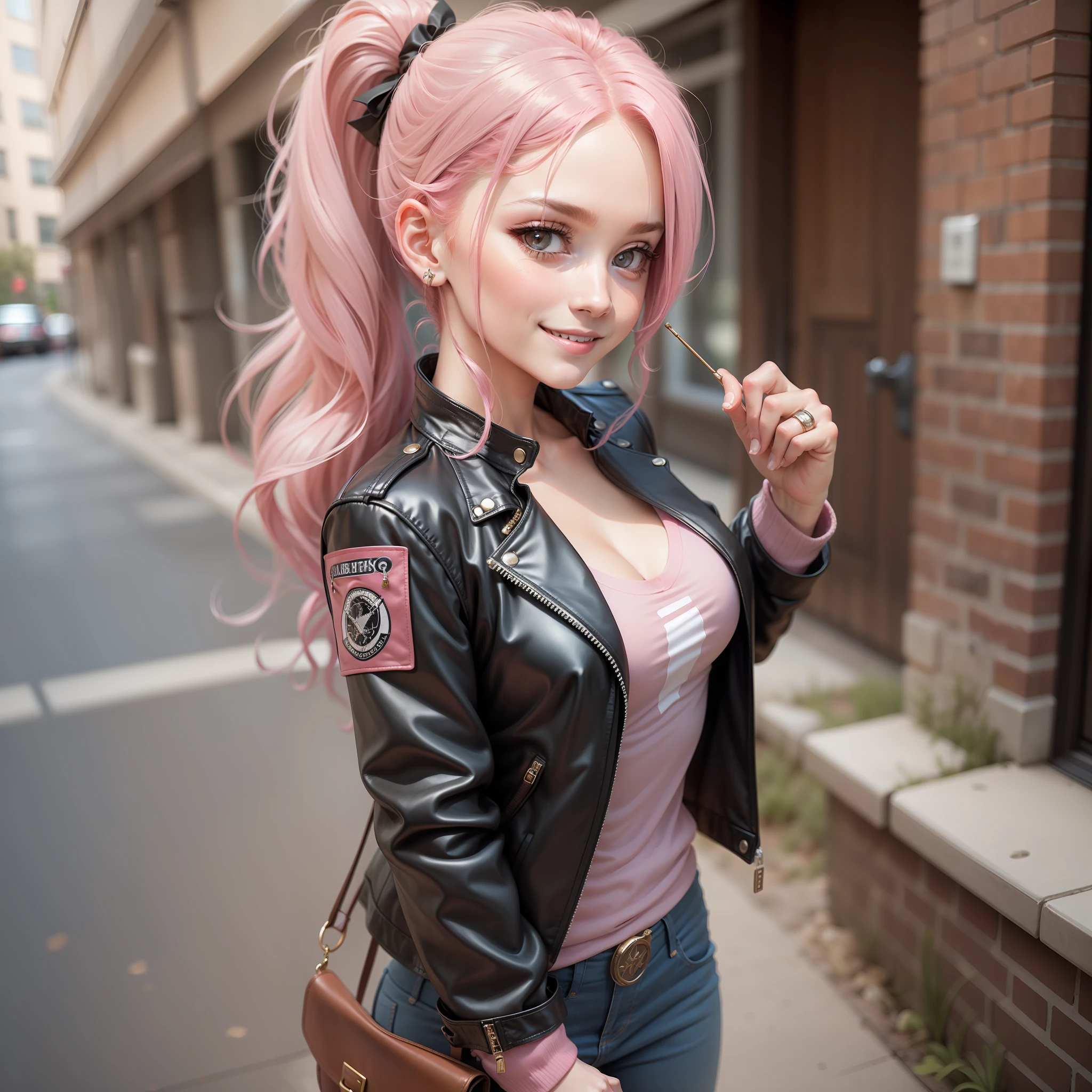 babes　Long　poneyTail　a leather jacket　a smile　beste-Qualit　​masterpiece　Pink hair　Loose socks　Super-High Resolution