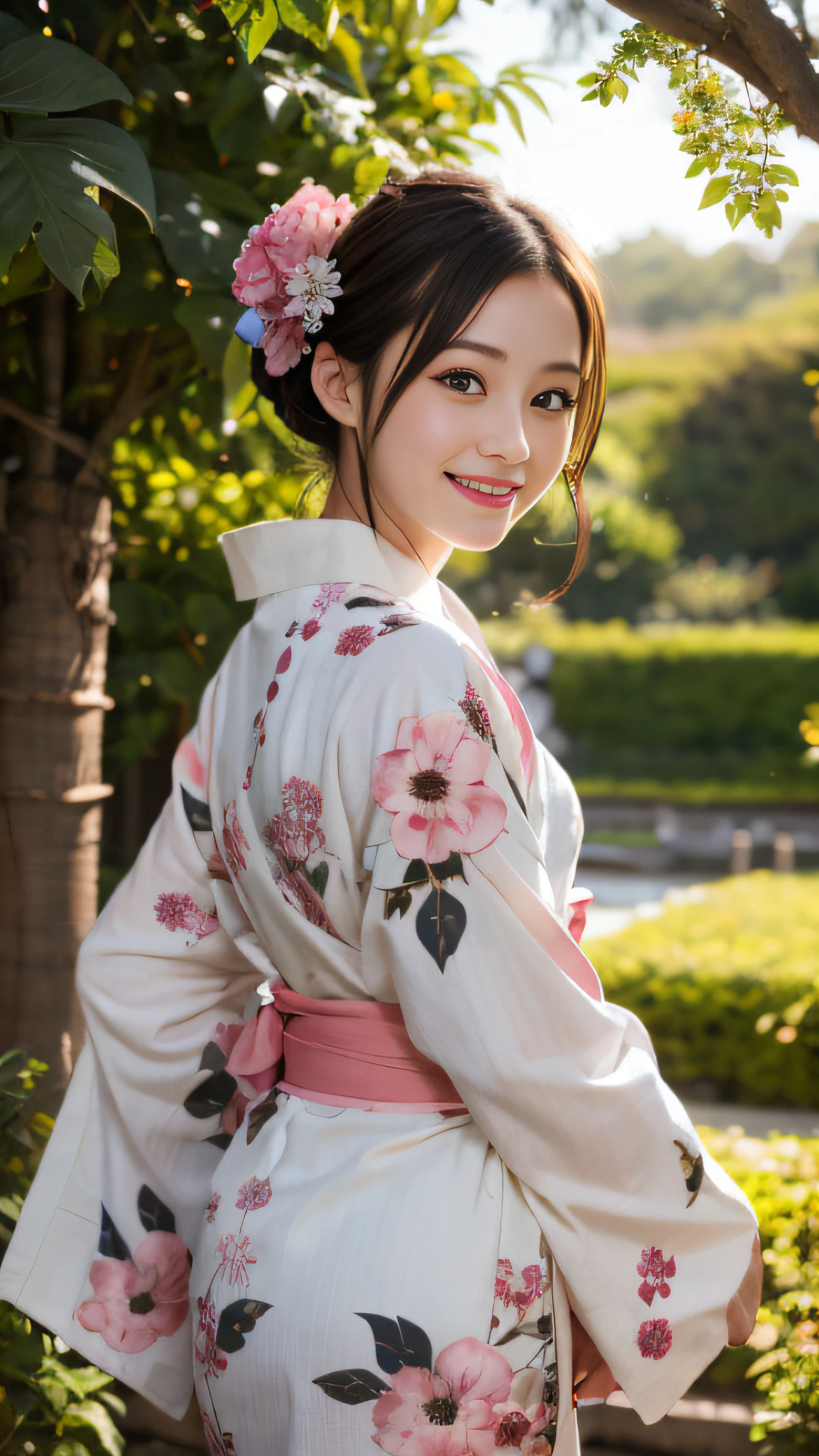 best quality, intricate details, 1girl, subaru_kimono, japanese clothes,hair bow, hair flower,garden,outdoor,(east asian architecture:0.6),backlighting,diffuse lighting,smile
