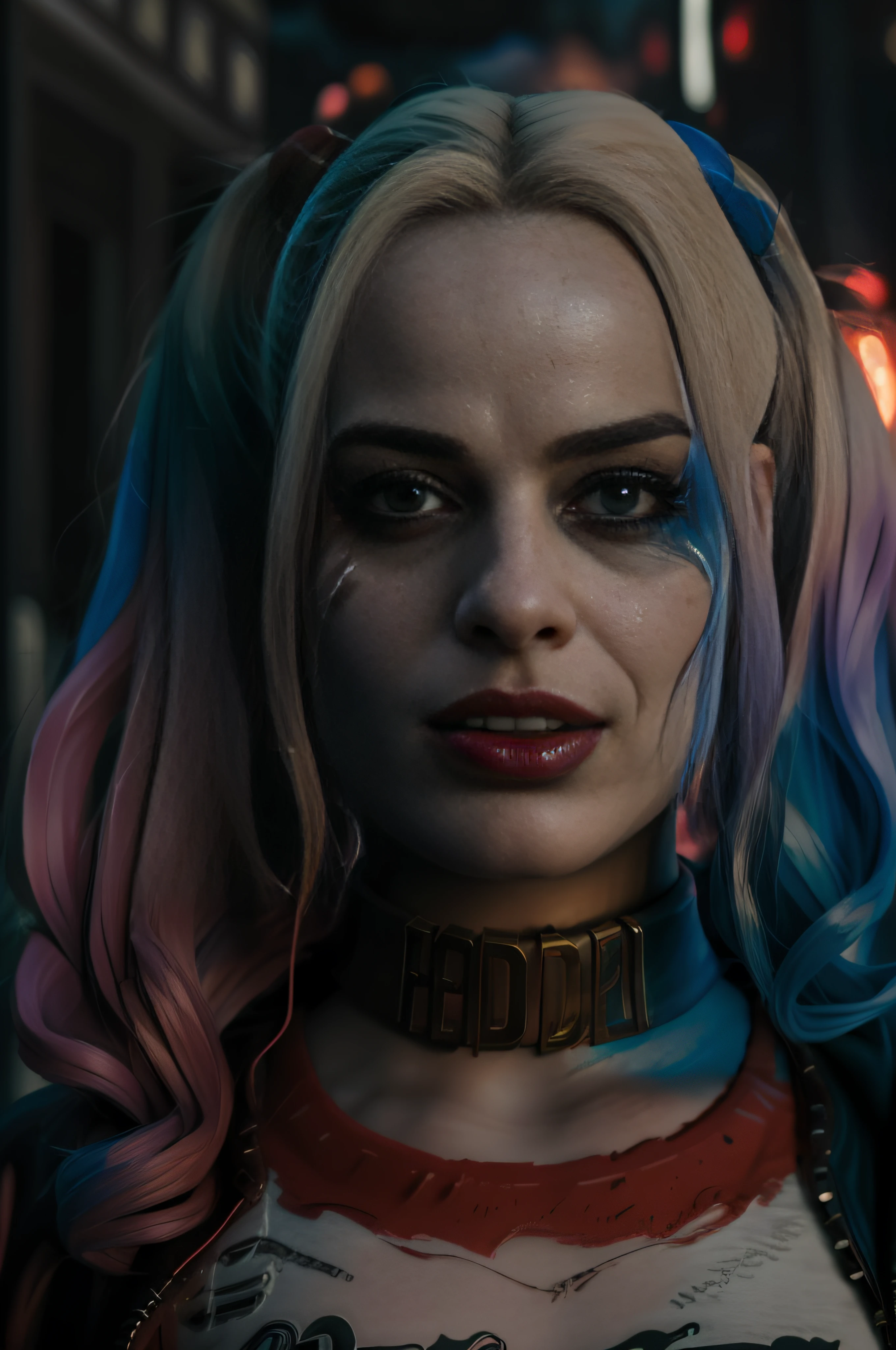 Beautiful close up of gorgeous Harley Quinn in the street, wearing black leather jacket, dynamic pose, sexy, flirty, playful, 32k resolution, photo realistic, hyper realistic, hyper detailed, hyper detailed face, hyper detailed hair, hyper detailed eyes, hyper detailed mouth, best quality, natural looking, life like, triadic colors, complementary colors, volumetric lighting, dynamic lightning, side light, epic, cinematic, dynamic, dramatic, stunning, fantasy concept art, perfect, smooth, orange, red, pink and purple hues, colorful, bright colors, deep colors, color depth