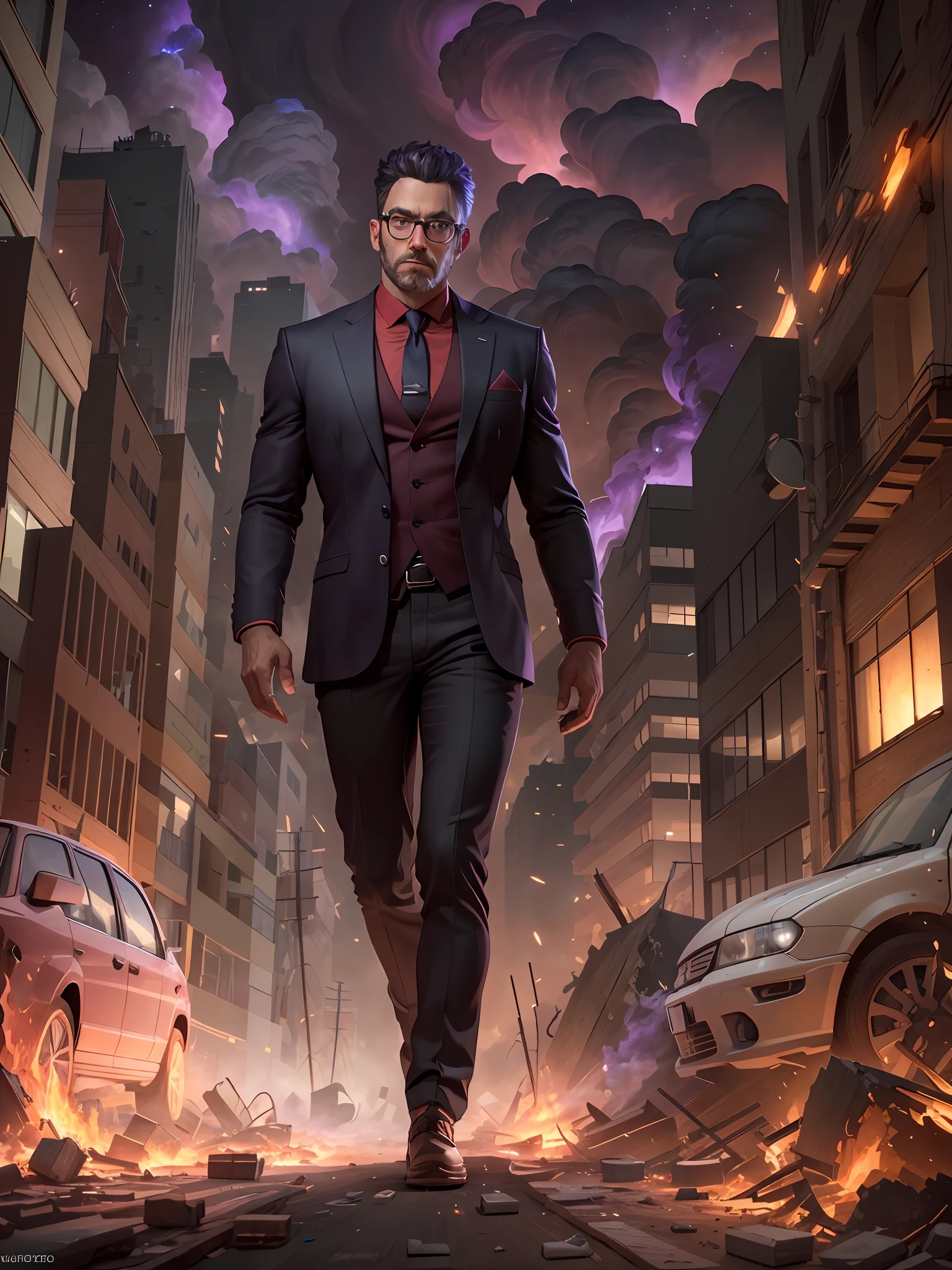 imagine an image of man walking calmly, in the street of ruined city, wearing smart suit, huge fires and dense smoke, detailed face, supernova at sky, night time, scene is full of some destroyed cars, scattered glasses and broken pieces, perplexed and scary environment, violet colour overwhelmed, at the movement of surprise and breathtaking, hyper realistic, detailed hands and violin, ultra detailed, unreal engine, octane render, UHD, 8k resolution, masterpiece, front view, detailed face and fingers, man walking in ruined city