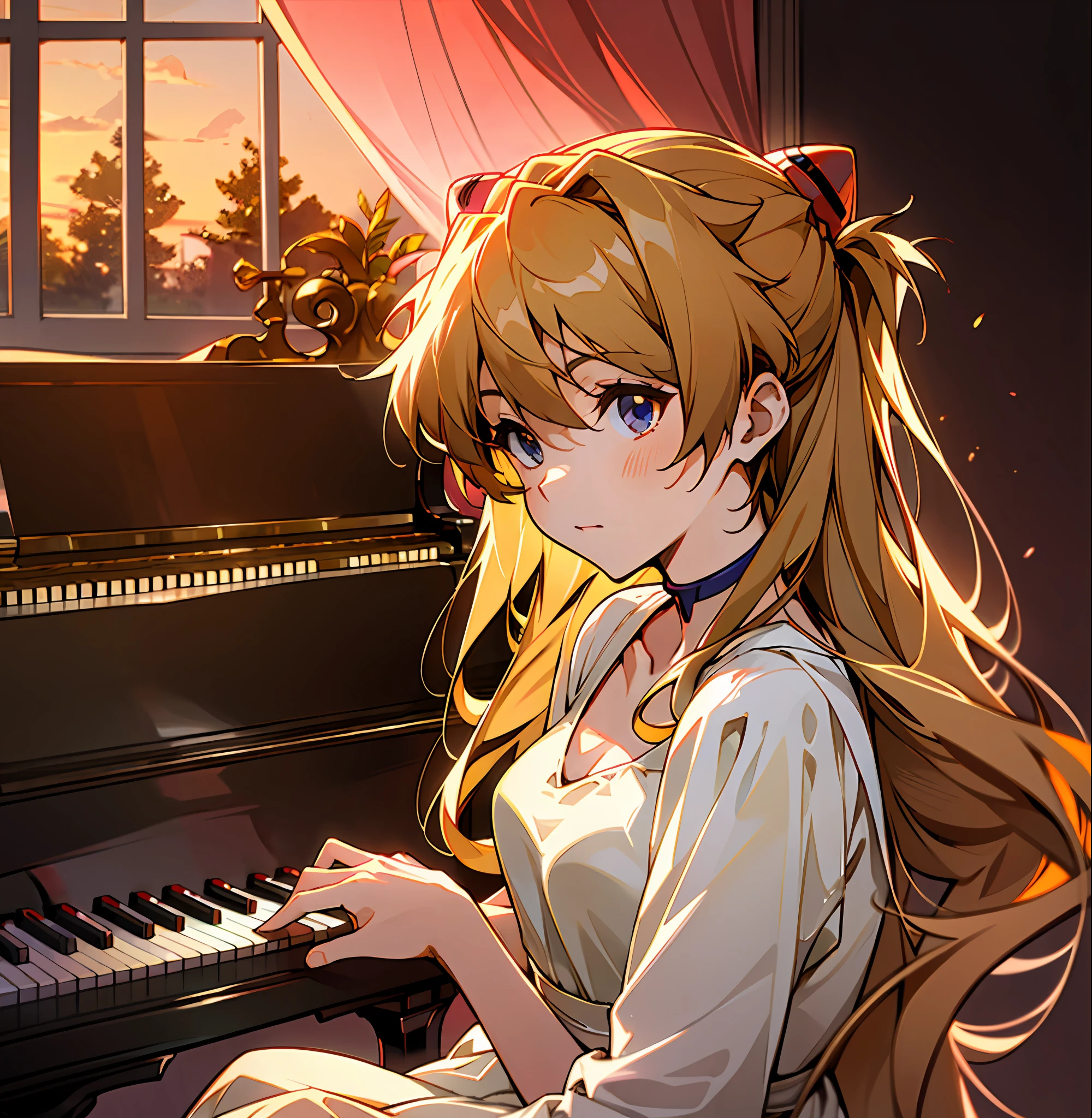 Side to the camera Inside the room Close up Solo Two red triangle ornaments on the head Evangelion Asuka White dress Next to the window Steinway piano Seated position Long dark yellow hair Sunset Hands on the piano Elegant 1 girl