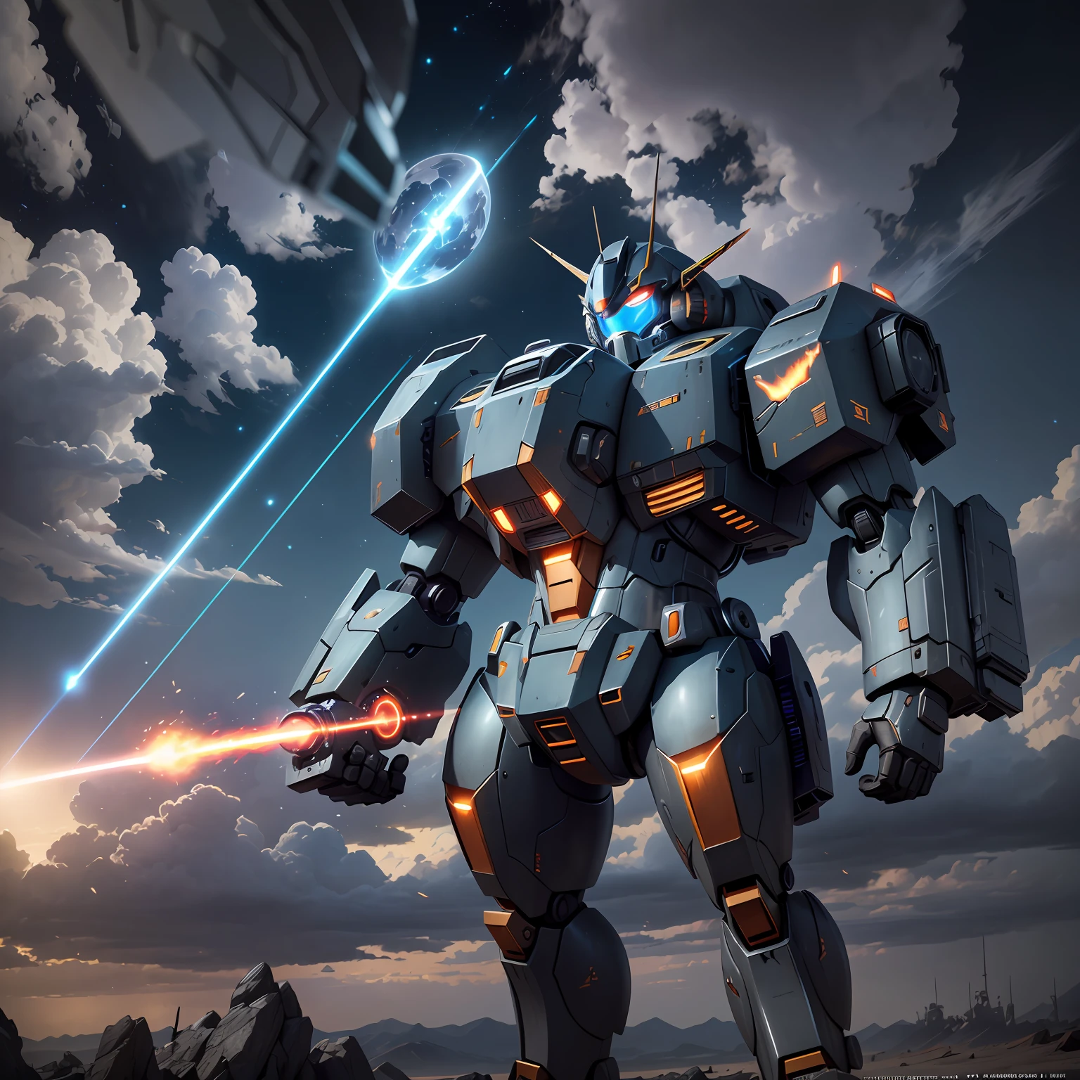 Blue metal mech，Laser sword in his right hand，Holding a cannon in his left hand，There is a jet flame behind it --auto