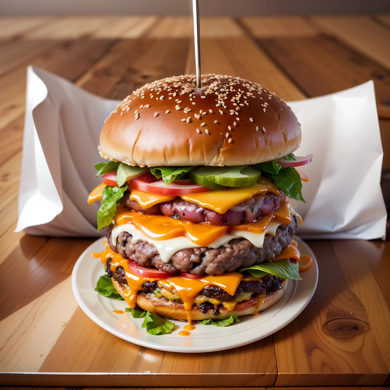 An American burger on a white square table --auto