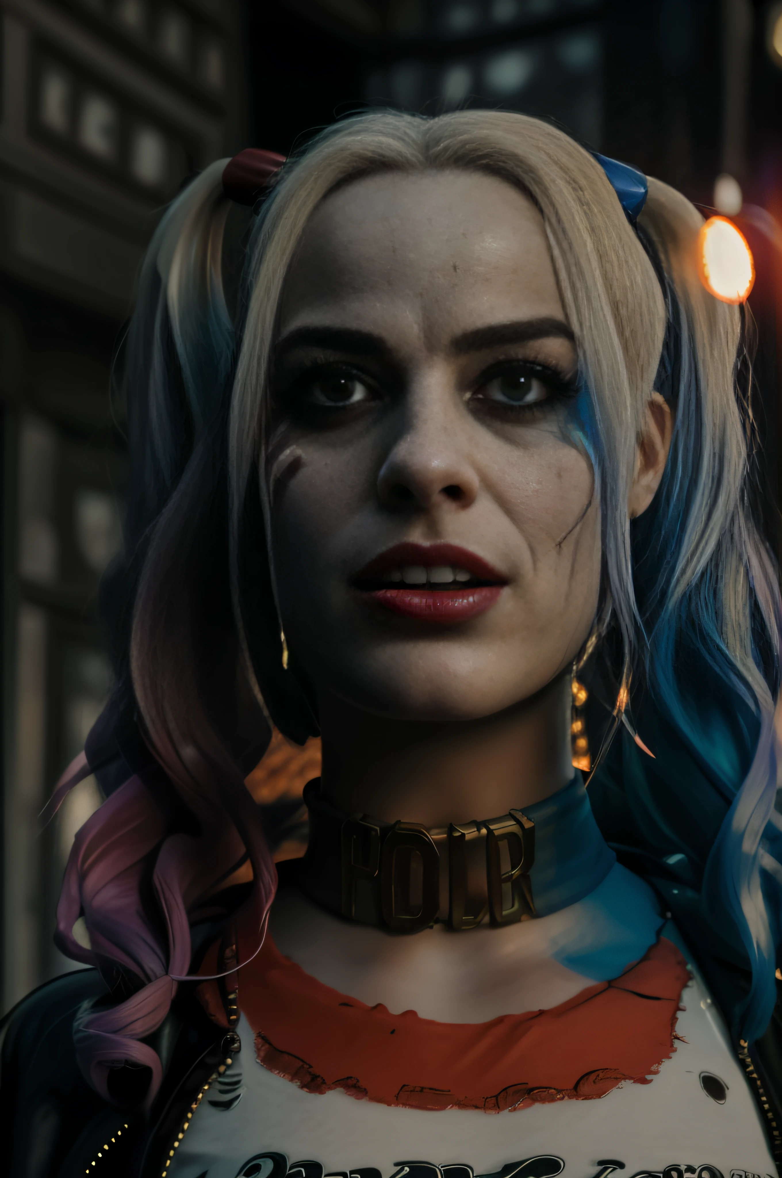 Beautiful close up of gorgeous Harley Quinn in the street, wearing black leather jacket, dynamic pose, sexy, flirty, playful, 32k resolution, photo realistic, hyper realistic, hyper detailed, hyper detailed face, hyper detailed hair, hyper detailed eyes, hyper detailed mouth, best quality, natural looking, life like, triadic colors, complementary colors, volumetric lighting, dynamic lightning, side light, epic, cinematic, dynamic, dramatic, stunning, fantasy concept art, perfect, smooth, orange, red, pink and purple hues, colorful, bright colors, deep colors, color depth