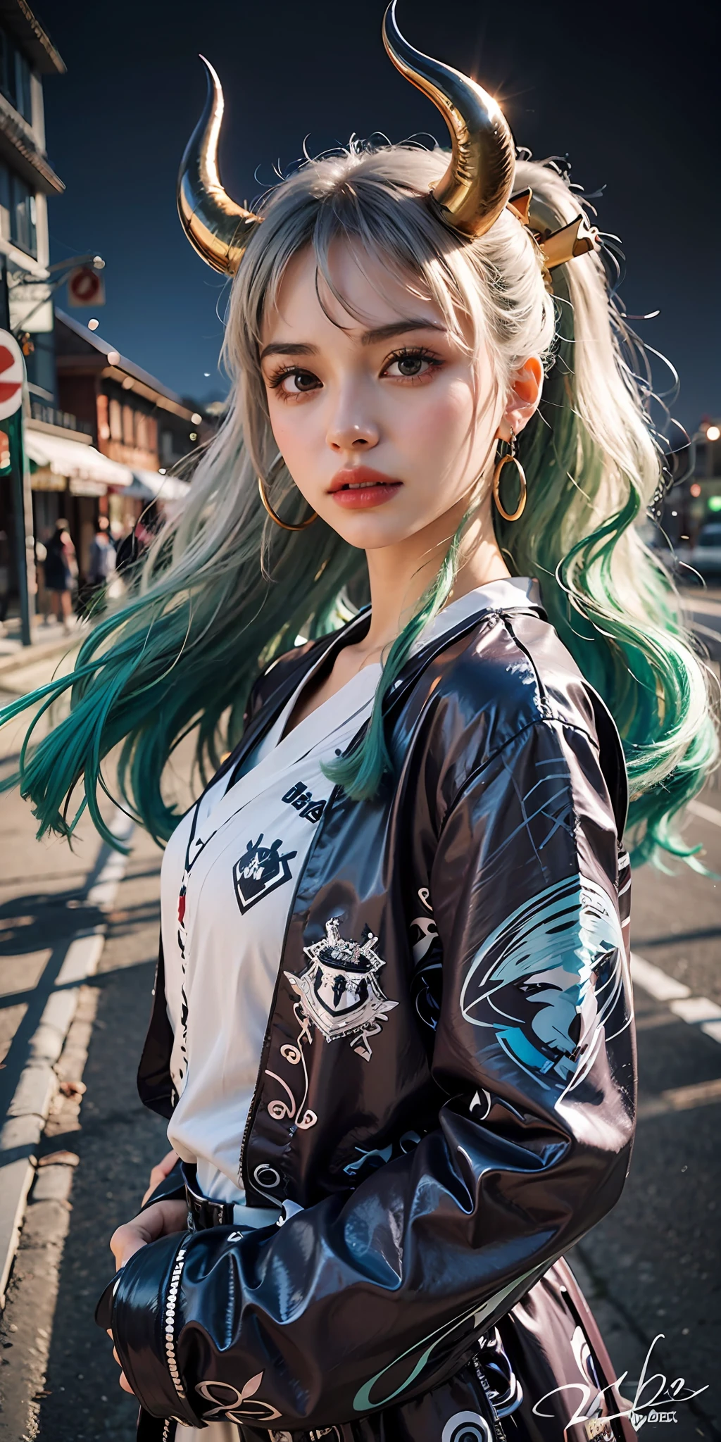 a close up of a woman with green hair and horns on her head, realistic anime 3 d style, stunning anime face portrait, anime style mixed with fujifilm, beautiful anime style, anime girl in real life, anime inspired, beautiful anime portrait, photorealistic anime, hyper realistic anime, style anime, ross tran style, anime styled digital art, realistic anime art style