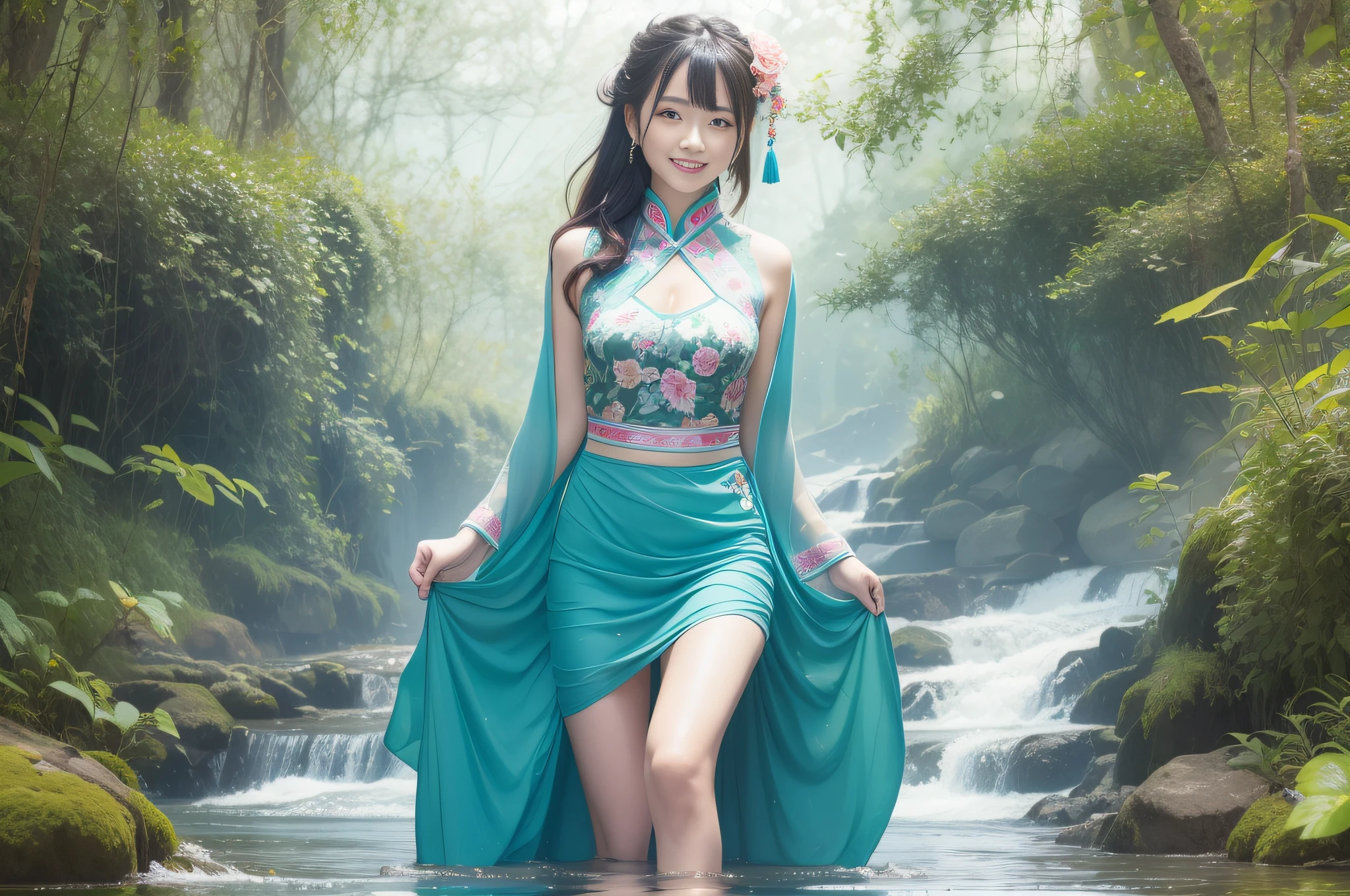 in 8K、Top image quality、super detaill、beautiful detail、A hyper-realistic、((4k、​masterpiece、beste-Qualit))、shuimobysim、traditional Chinese ink painting、lotuses、Hanfu、Maxi skirt、One girl dressing up modestly、独奏、long blue hair、a smile、is standing、Feet in the water、Naked foot、