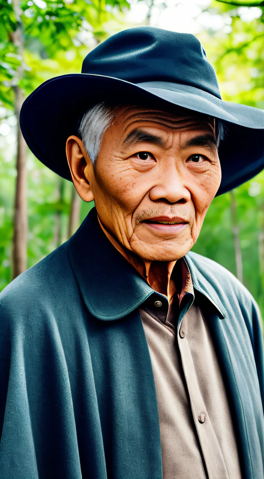 Portrait photography style，A masterpiece of the world，Ultra-unique, highly professional digital art，Film format，Hyper-realistic，Color motion picture film photography with ultra-fine detail and quality，The background is deep in the forest，An elderly man in rural China，Wise old man。He wears an old cape，The eyes are kind and shrewd。He stood upright，His skin had been blackened and powerful by the sun and rain，Wrinkles are fixed on the corners of the mouth and forehead，It seems that his years have precipitated。Wearing a dark gown, although the appearance is simple，But it exudes sublime wisdom and a sense of tenacity of strength。