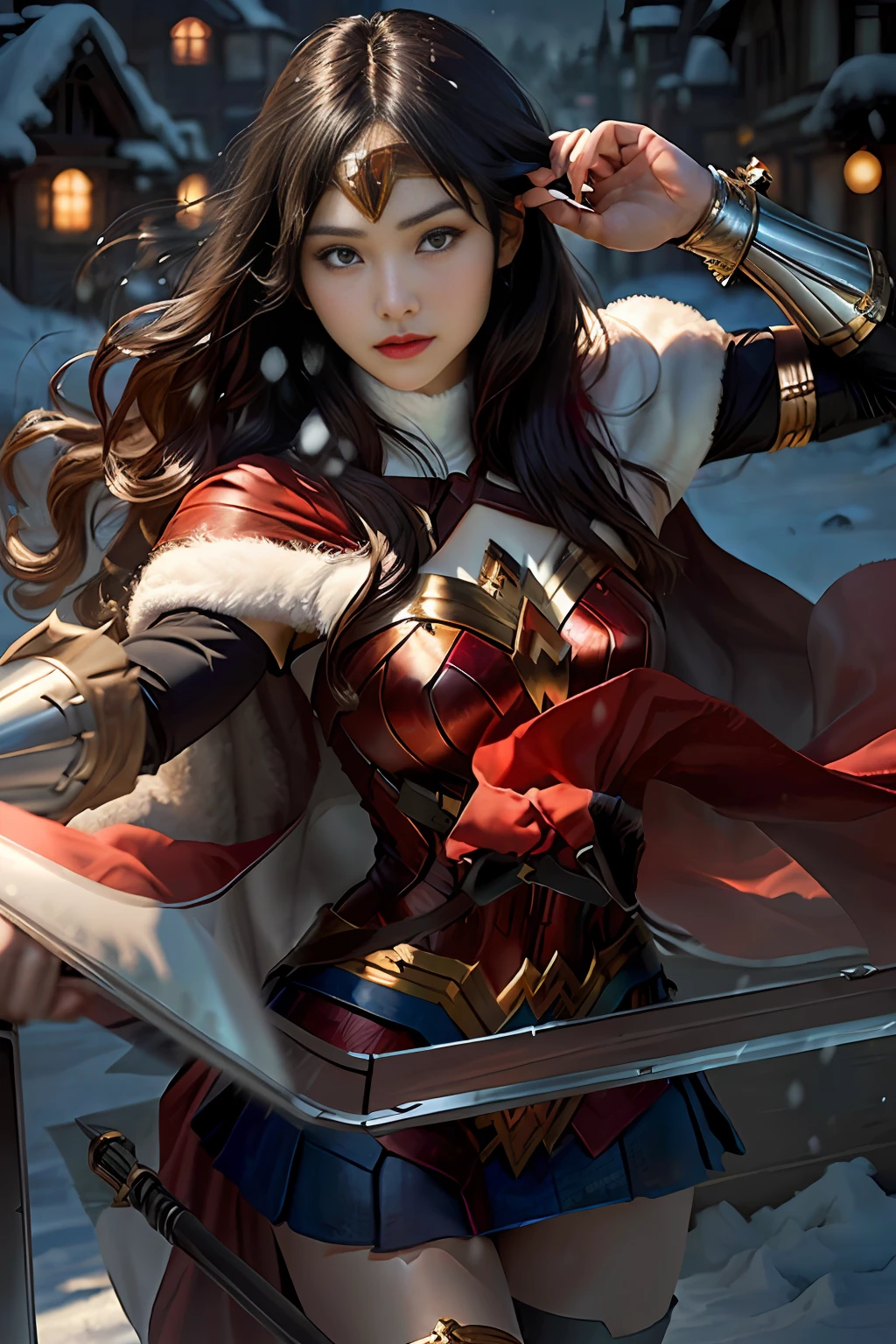 jim lee,

1girl, wonder woman, armlet, black hair, blurry, bracer, breath, cape, cowboy shot, depth of field, holding, holding weapon, lasso, looking at viewer, parted lips, pommel, realistic, reverse grip, shield, skirt, snow, snowing, solo, superhero, sword, tiara, toned, weapon, weapon behind back

, ((masterpiece))