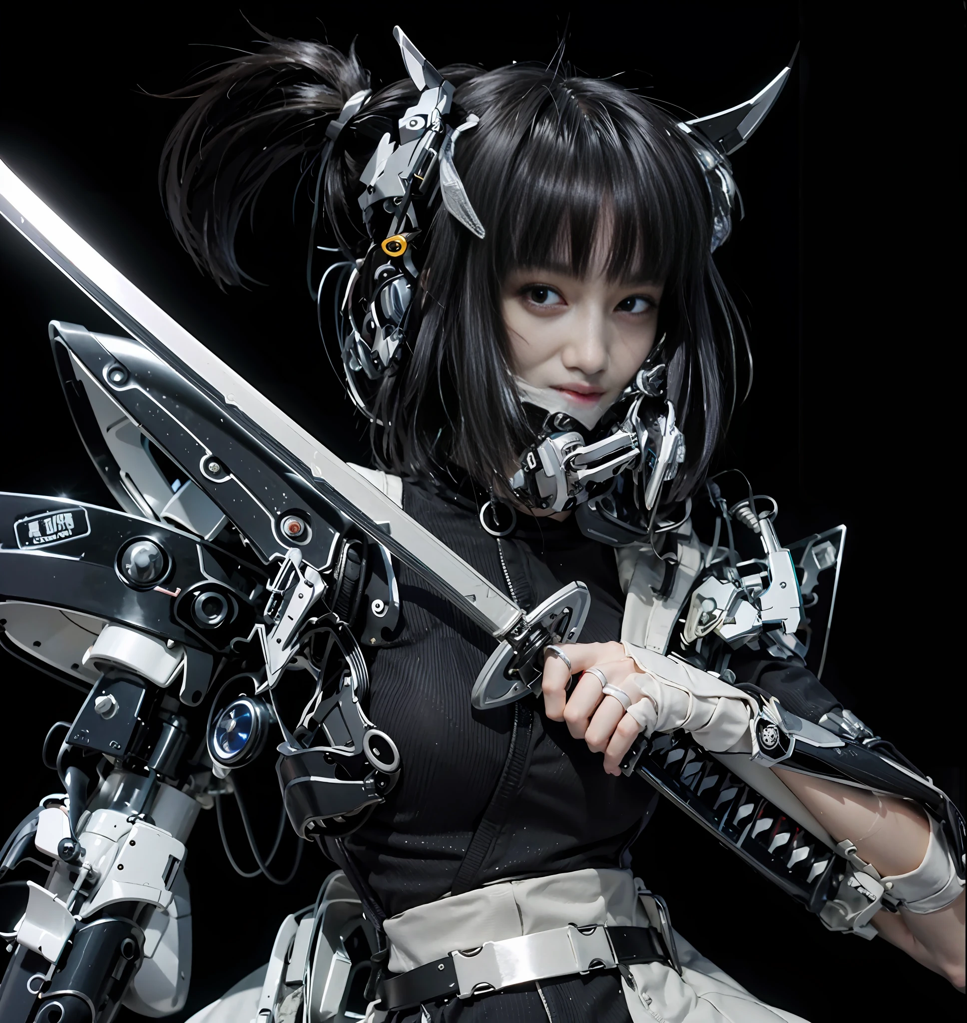 a close up of a person holding a sword and a sword, inspired by Masamune Shirow, by shirow masamune, japanese cyborg, afro samurai manga style, style of masamune shirow, very beautiful cyberpunk samurai, shirow masamune, clean detailed anime art, holy cyborg necromancer girl