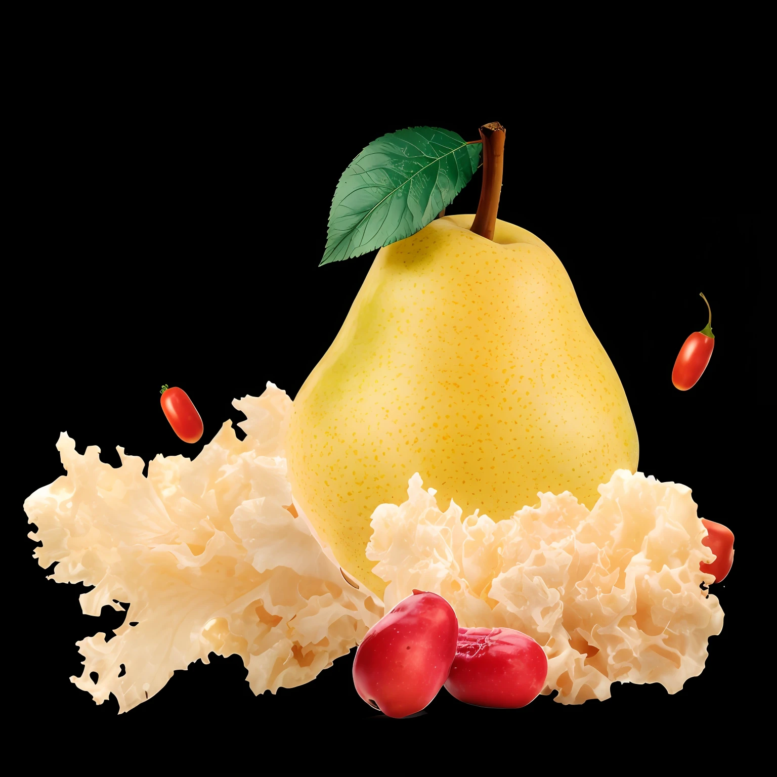 There is a pear and some silver fungus on a black background, Pear, high quality product image”, Juicy, Sharp Images