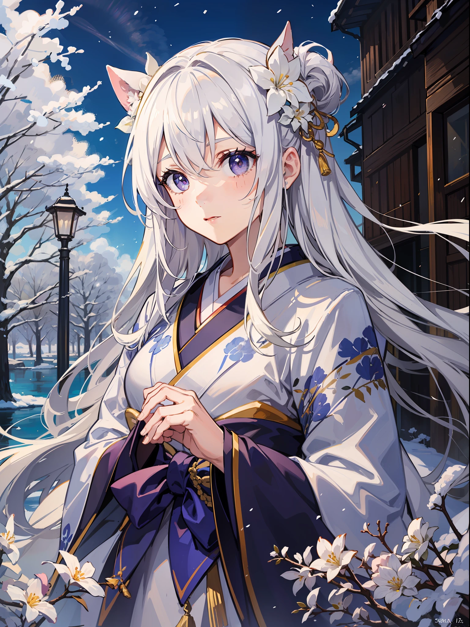 white-haire,Fine hair,Reddish purple,grey-eyed,length hair,Lake,,Look at viewers,,coldgaze,(Narrow eyes),messyfloatingfhair,(White cloak),(Kimono with white:1.1)、hairflower、hair adornments、hair adornments,(Lace-up kimono:1.2)、Bow hair ornament、tassels、side pony tail、glitters,blue-sky,(wintern:1.1),exteriors,snowflower,yuki,icey,Pendulation,Trees covered with snowflakes,suns,(cinmatic lighting,beautiful night:1.0),(Luminous Particle:0.85),Lightless scene,(dappledsunlightonher:1.25),(Tyndall effect:1.1),(CloudRetainedbackground:1.1),high light,(Contour deepening:0.9)shiny skins,shinny hair,ccowboy shot,Lightning Face,(symetrical:0.9),salama,Bright pupils,hdr,blooms,high light,,realisticlying,GameCG,(tmasterpiece,best quailty:1.4),fully body photo