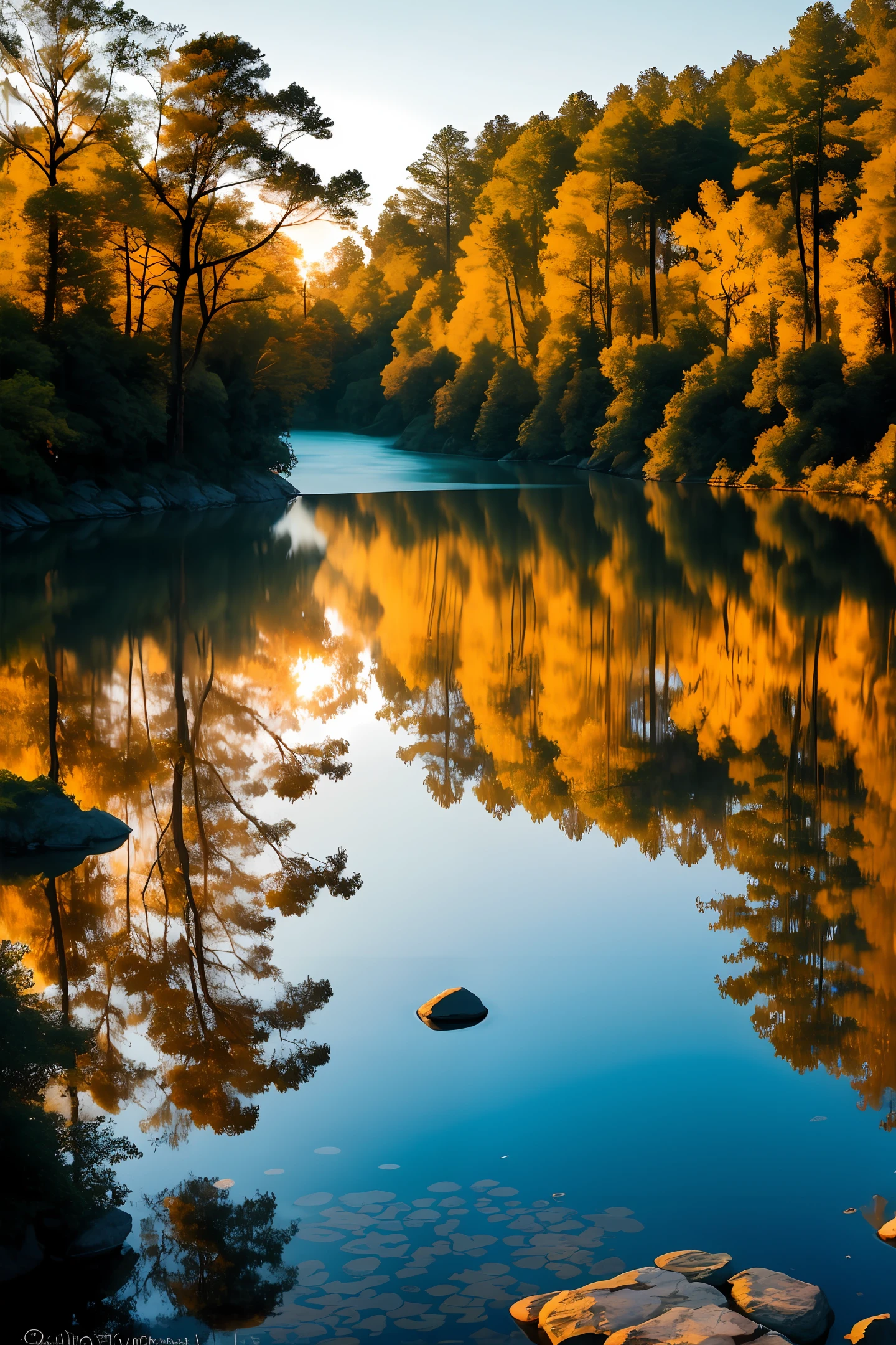 Create an exquisite visual masterpiece that captures the ethereal essence of a serene sunset over a crystalline lake nestled amidst a pristine forest, where the shimmering rays of the descending sun cascade through the lush foliage, casting a kaleidoscope of vibrant hues upon the tranquil waters below. The image should showcase the seamless blending of warm, golden tones with cool, soothing blues, evoking a sense of profound tranquility and harmony. The composition should exhibit impeccable attention to detail, with intricate reflections on the water's surface and a delicate interplay of shadows and light that accentuates the natural beauty of the surrounding landscape. As a finishing touch, infuse the image with a touch of surrealism, incorporating an ephemeral, otherworldly element that transcends reality, elevating it to a state of ethereal beauty and captivating wonder