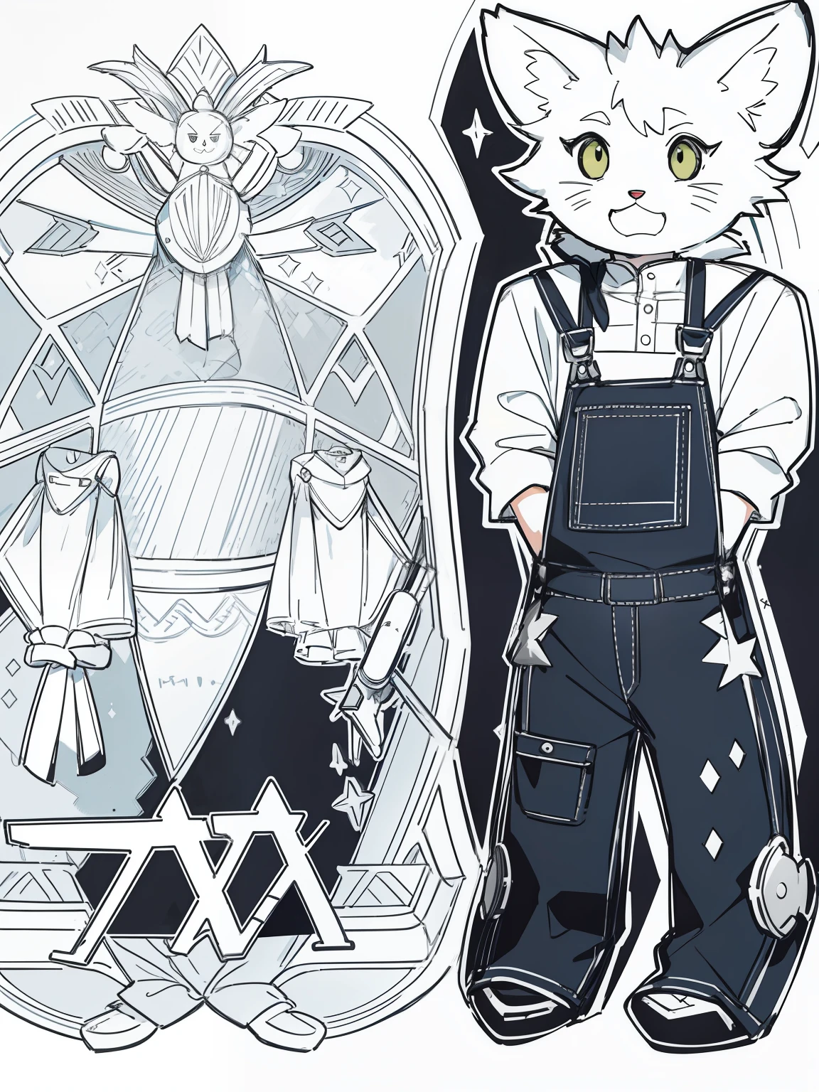 there is a drawing of a cat with a hat on, thick outline, thick outline, hand on hips, Full body picture, heavy outline, full body portrait of a short!, starving artist wearing overalls, Full body character drawing, full body character, full length character, creepy explorer sketch, Furry character, artist wearing overalls, hands in a pocket