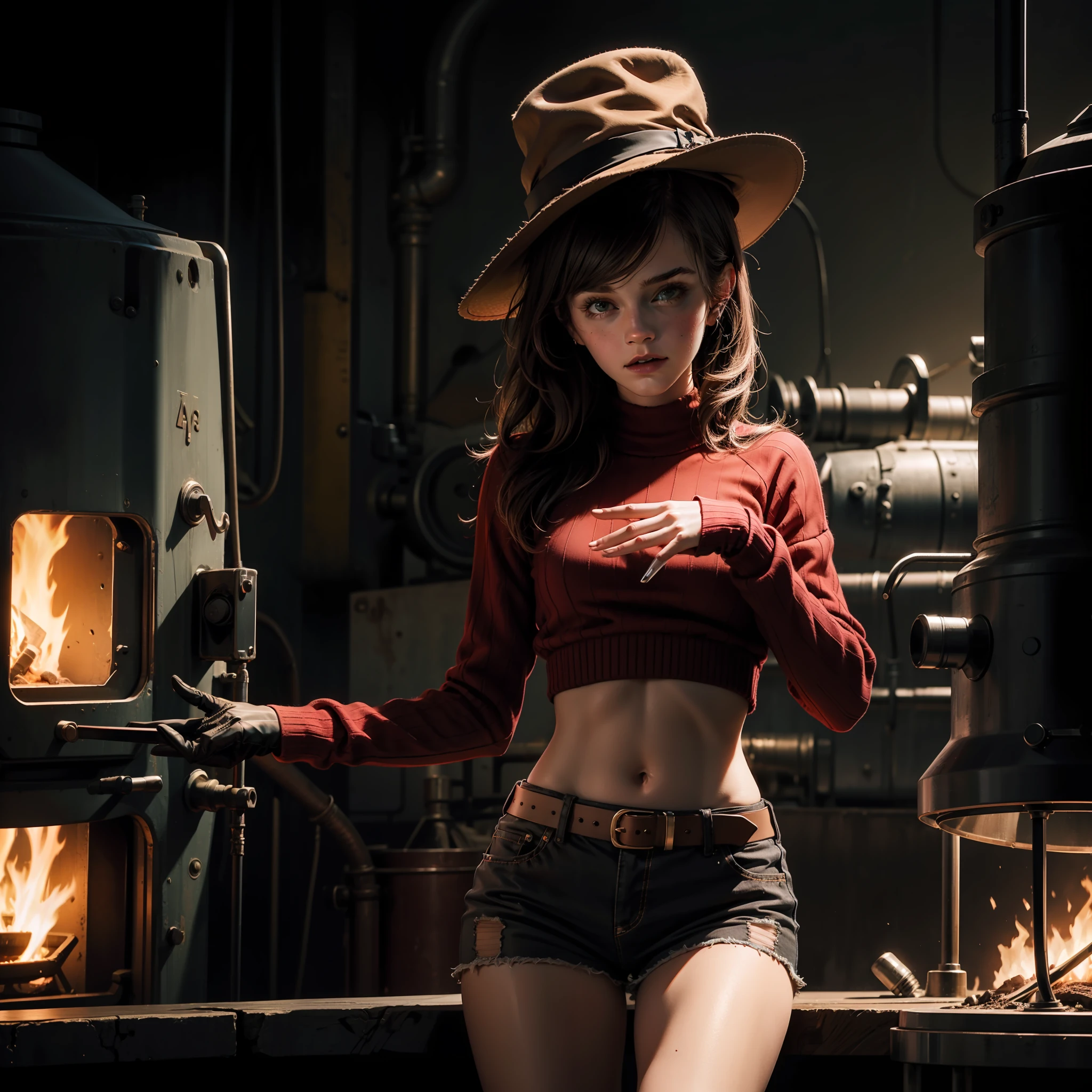 teen emma watson as a sexy female version of Freddy Krueger sitting on a fence. tight intricate crop sweater with red and green stripes. brown shorts. slender body. inside dark metal factory. dark background, furnace. black fedora hat. glove with blades on the fingers. arms raised. horror mood.