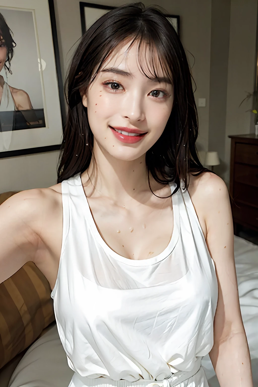 ​masterpiece、beste-Qualit、realisitic、(A hyper-realistic), (illustratio), (large resolution), (8K), (highly detaile), (The best illustrations), (beautiful-detailed eyes), (beste-Qualit), (An ultra-detailliert), (​masterpiece), (wall-paper), (details face), a bed、Upper body close-up,Armpit, A smile,Plump,独奏,（Girl in silk white tank top with wide open chest）, full of sweat, japanes, large full breasts, (camel's toe)、gigantic-breast、Luxury living room、Detailed, well-groomed white teeth、Ultimate Beauty、shot on the Canon EOS R 6、full of sweat、She's wet、