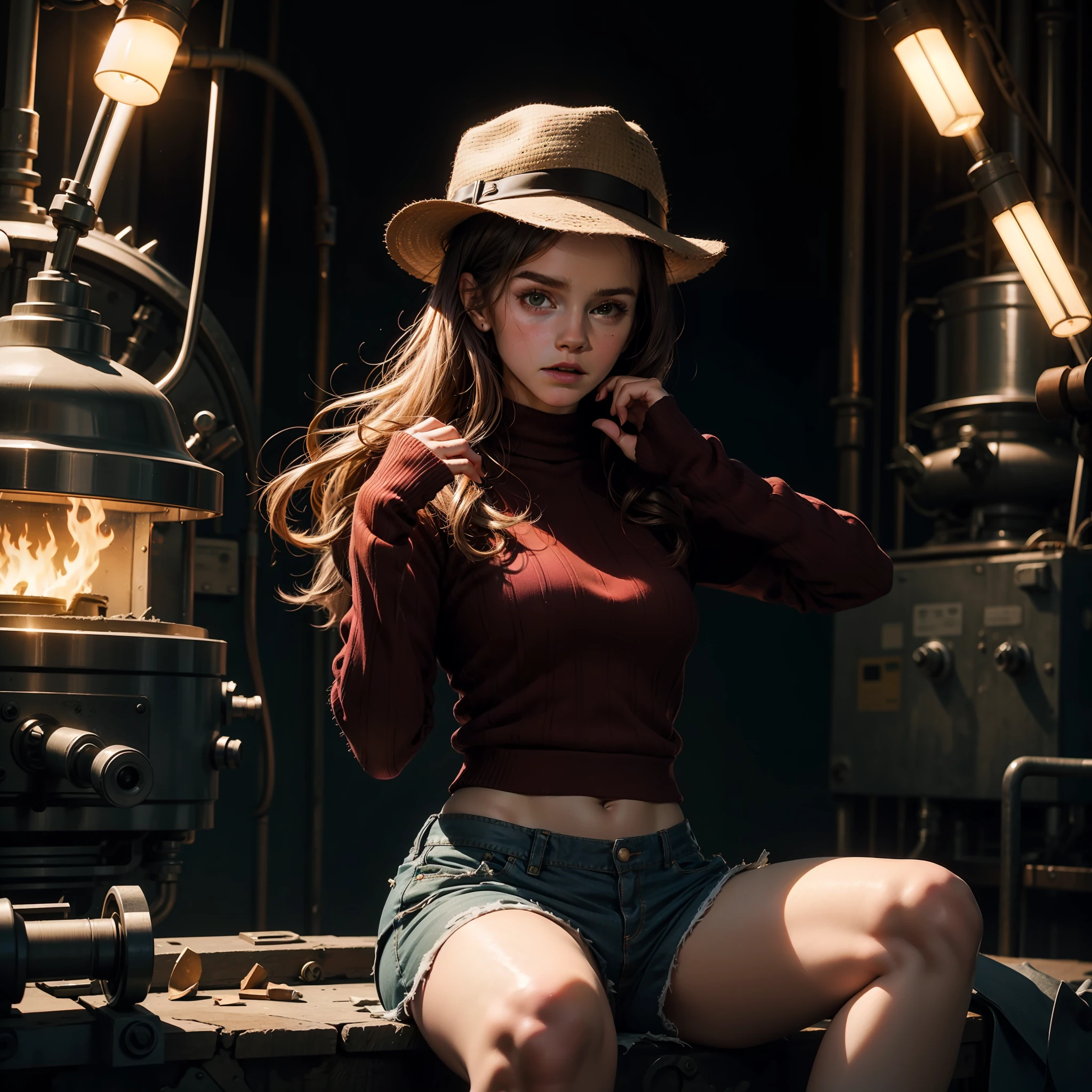 teen emma watson as a sexy female version of Freddy Krueger sitting on a fence. tight intricate crop sweater with red and green stripes. brown shorts. slender body. inside dark metal factory. dark background, furnace. black fedora hat. glove with blades on the fingers. arms raised. horror mood.