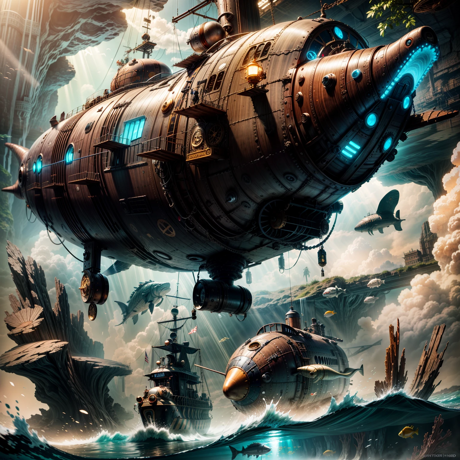 (a steampunk submarine explores a large underwater cave), (Masterpiece, Best Quality, High Details), (HDR, high dynamic range), octane render, subsurface scattering, radiant light rays, realistic shadows,