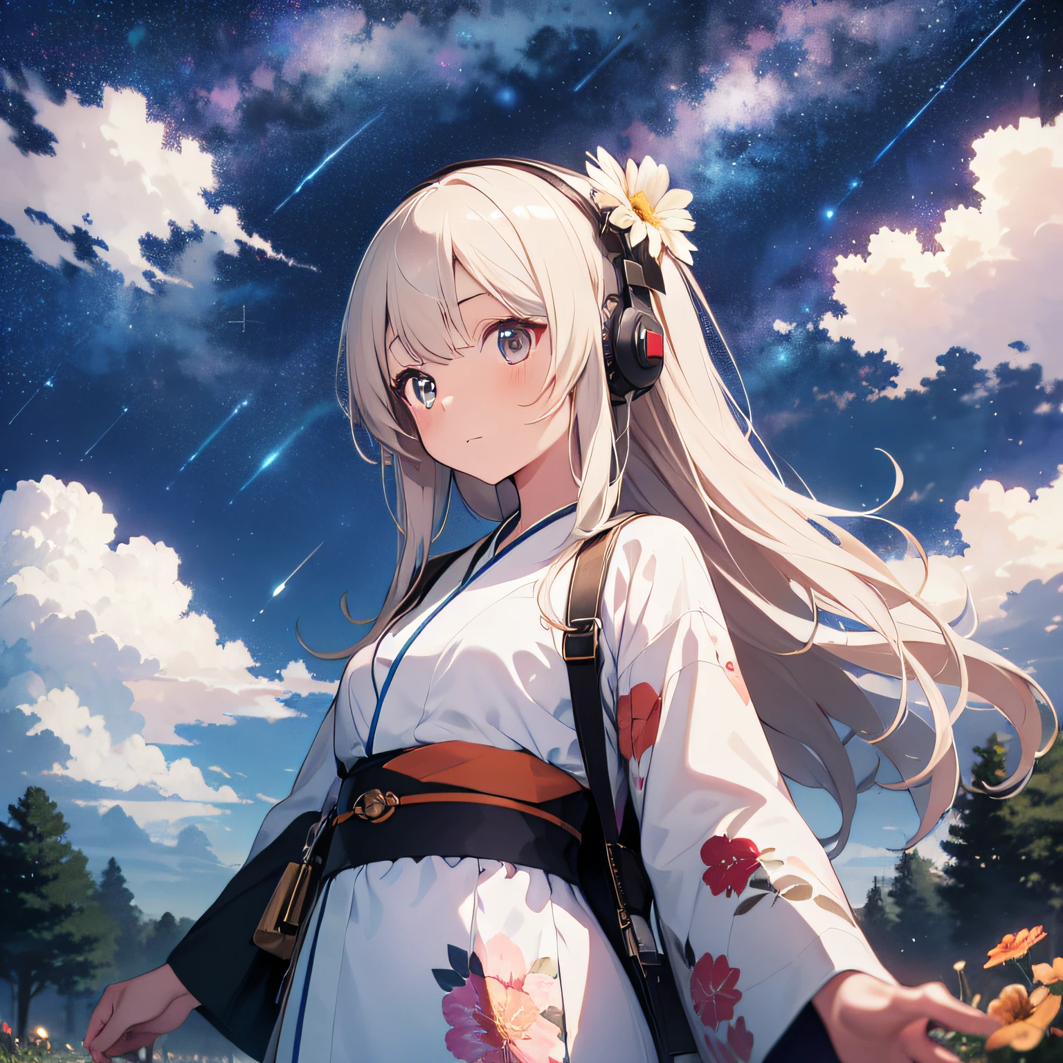 best quality, absurdres, masterpiece, perfect anatomy, very cute girl, solo, floral kimono, white long hair, headphone, flower hair, left hand down, (starry sky backgroud:1.3)