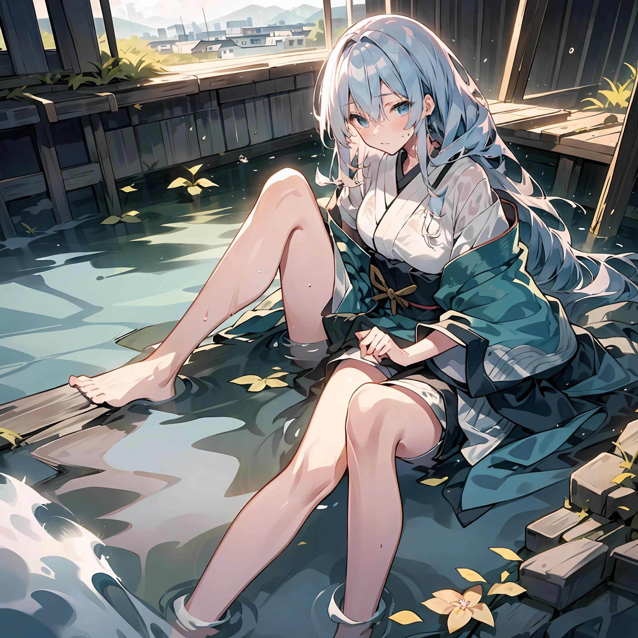 Ultra-high resolution, Japanese anime style, gray-haired girl, Wet with water, Translucent clothing, flowing waist-length hair, Slender body, Beautiful lines, Picture ratio 19.5:9 The sun shines high Behind you is an abandoned city A little immersion in the water on your knees Aqua blue eyes