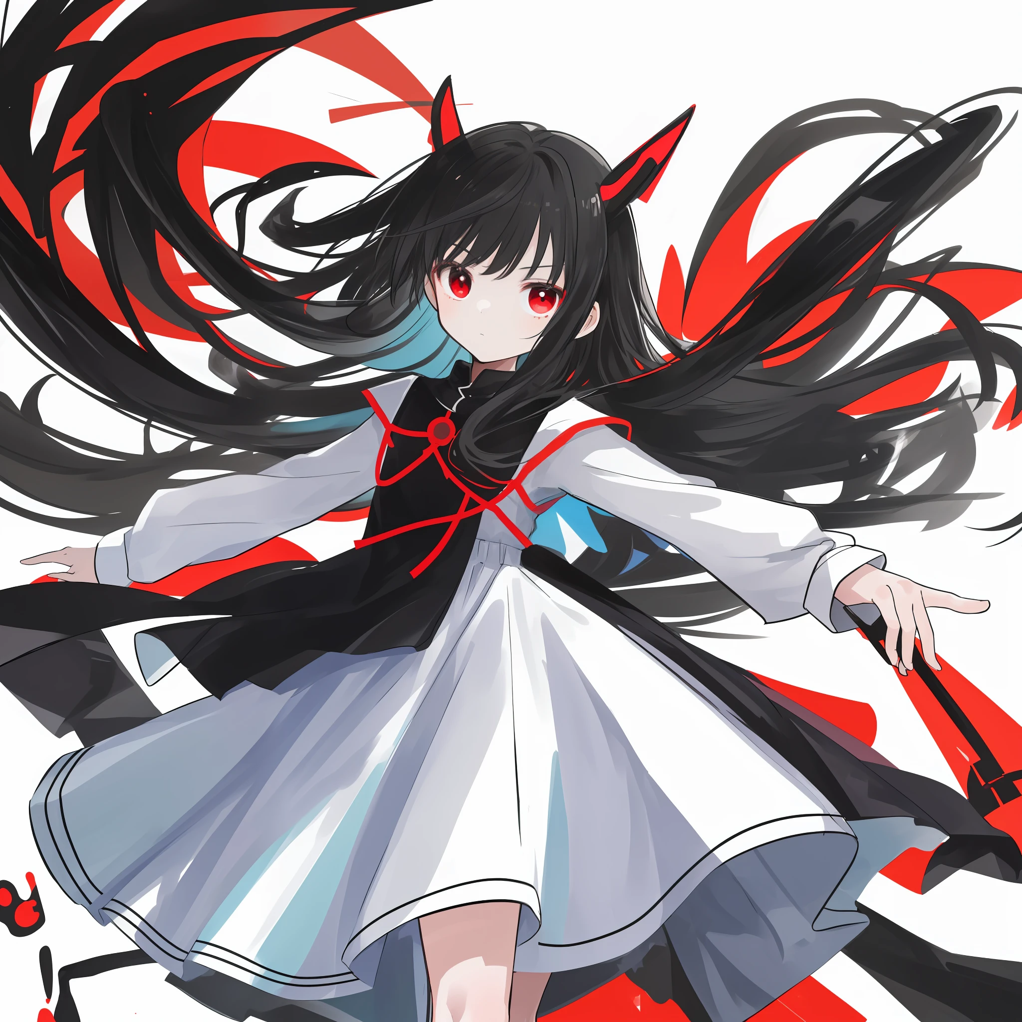 An eight-year-old ,is wearing dress,He has long black hair and red eyes